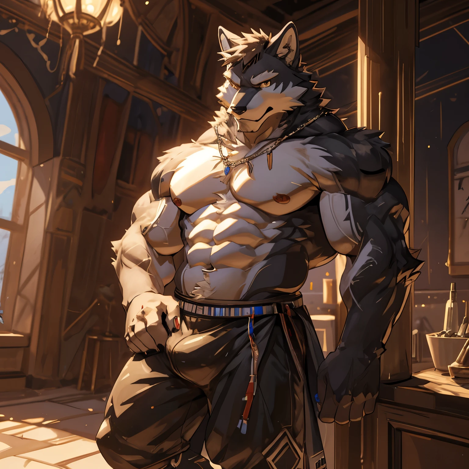 masterpiece, alone, Furry gray wolf, aldult face, gray fur, brown eyes, gray short hair, very muscular body, hard muscle, veins in muscles, nice, Handsome, fiercely, topless, Popular poses,underwear boxers,high quality,4k