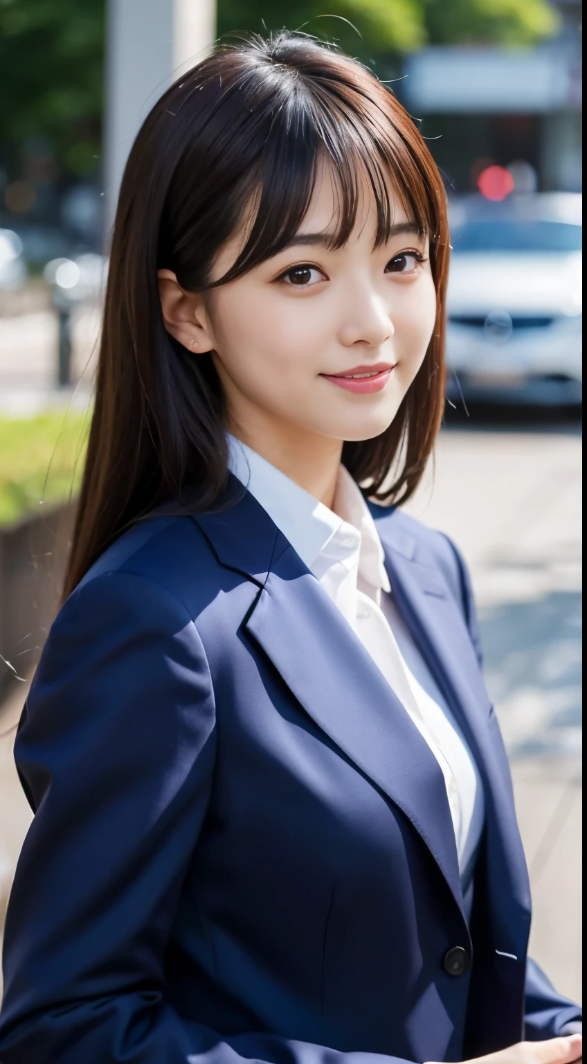 top-quality, masterpiece, (Photorealsitic:1.4), ultra-detailliert, Raw photo, 1girl in, 独奏, A smile, Dressed in a suit, portlate, The upper part of the body, City Background, natural soft light, bokeh dof