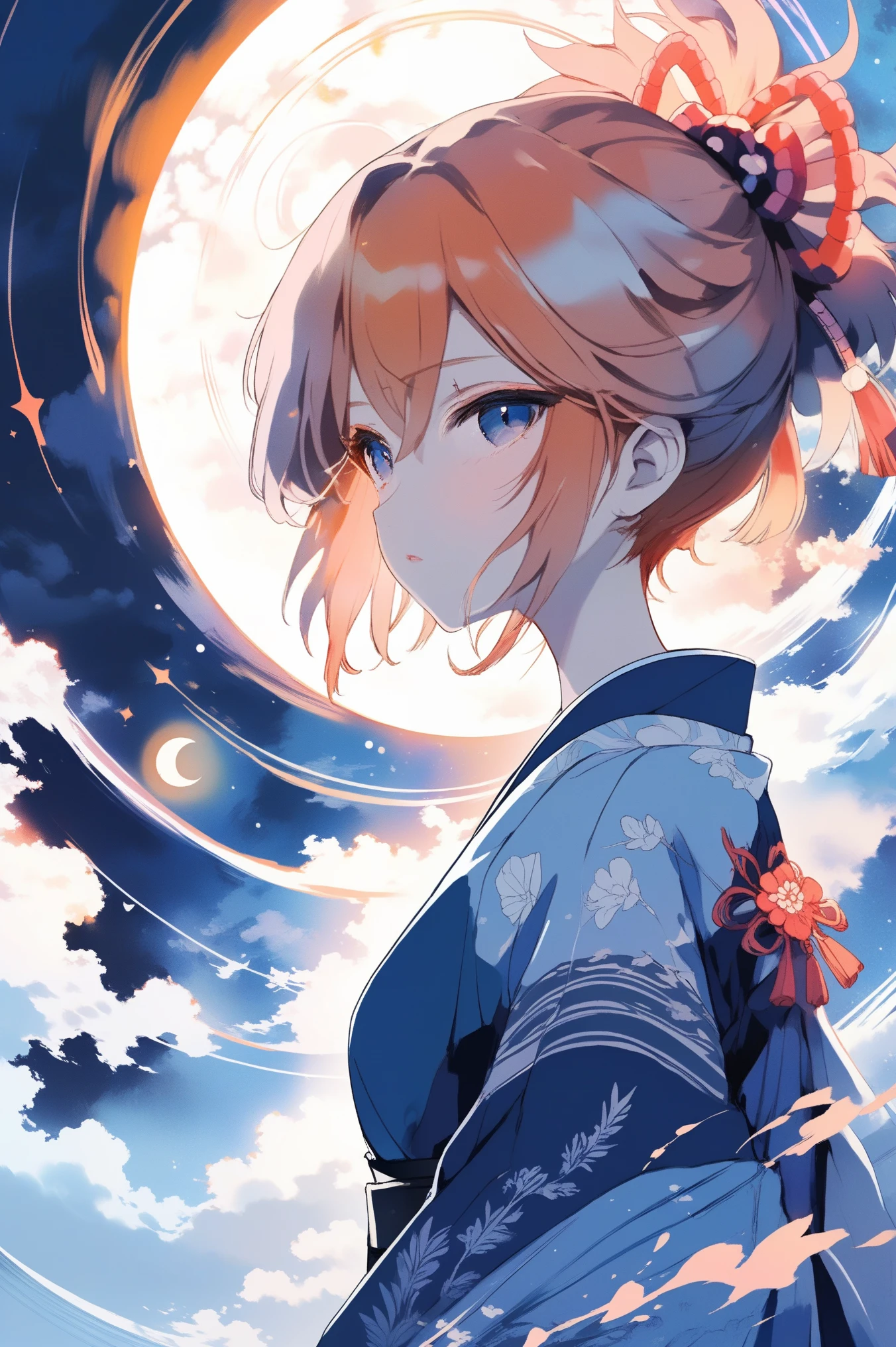 (best quality, sketch:1.2),realistic,illustrator,anime,1 girl, detailed lips, kimono,custom, monochrome gradient background, ginger hair,textured cropping, masterpiece, style modern, anime, a girl standing looking at a spiral, trending on art station, space art, makoto shinkai cyril rolando, cosmic skies. by makoto shinkai, dreamy psychedelic anime, beautiful anime scene, anime epic artwork, watching the sun set. anime, epic realism, kuki shinobu character 