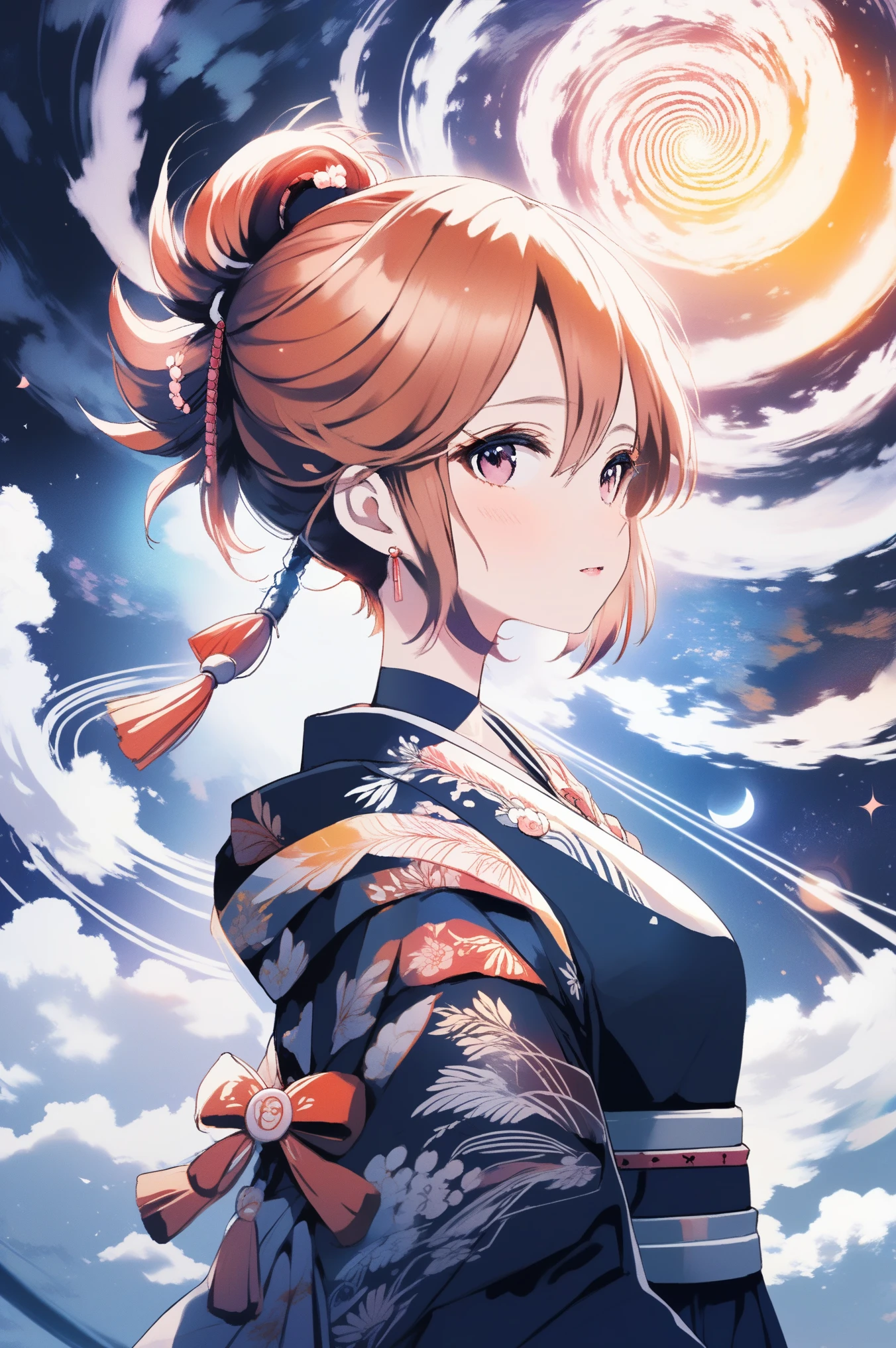 (best quality, sketch:1.2),realistic,illustrator,anime,1 girl, detailed lips, kimono,custom, monochrome and dark gradient background, ginger hair,textured cropping, masterpiece, style modern, anime, a girl standing looking at a spiral, trending on art station, space art, makoto shinkai cyril rolando, cosmic skies. by makoto shinkai, dreamy psychedelic anime, beautiful anime scene, anime epic artwork, watching the sun set. anime, epic realism, kuki shinobu character 