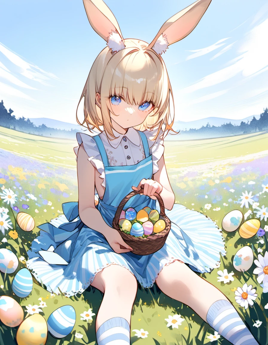 High image quality, delicate details, unbroken face, beautiful face, very good fingers, 1girl, Easter, rabbit ear catsuit, blond hair, blue eyes, long striped socks, light blue apron dress, girl sitting, Meadow, colorful patterned eggs, flower garden, watercolor, blue sky, daytime, small brown basket with rabbit in it