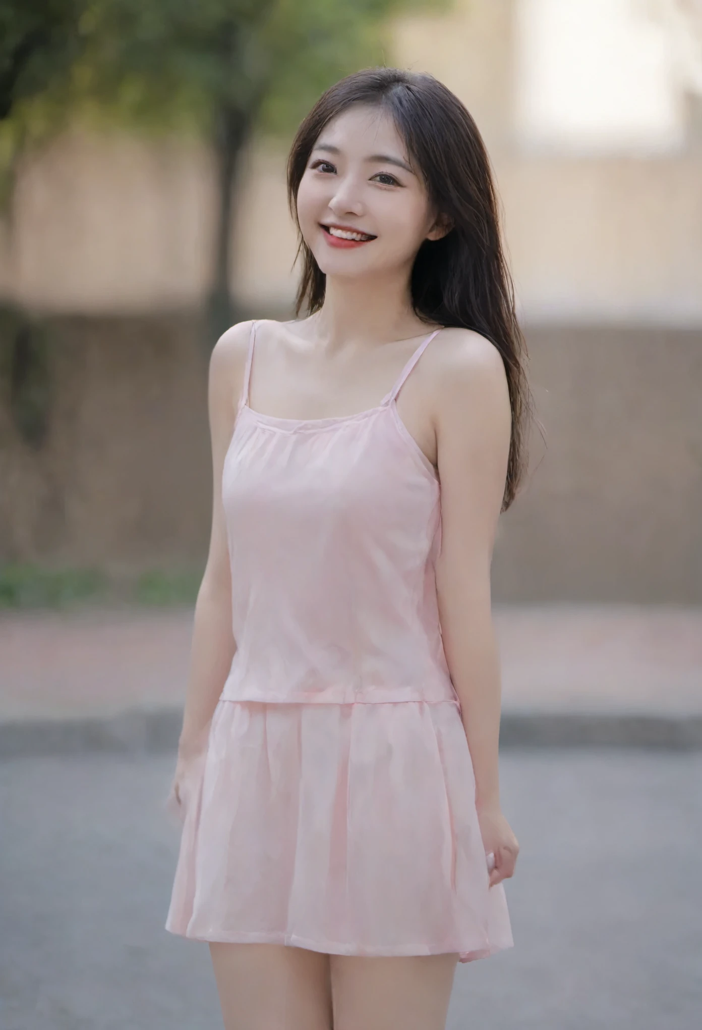 Mature around 35 years old，a little fat，Full and straight chest，nice and gentle，Wearing a pink transparent tight yoga skirt，background:on the street，Focus on hand enhancement，facial enhancement，Smiling sideways to camera，standing posture，Legs can be seen，8K master works