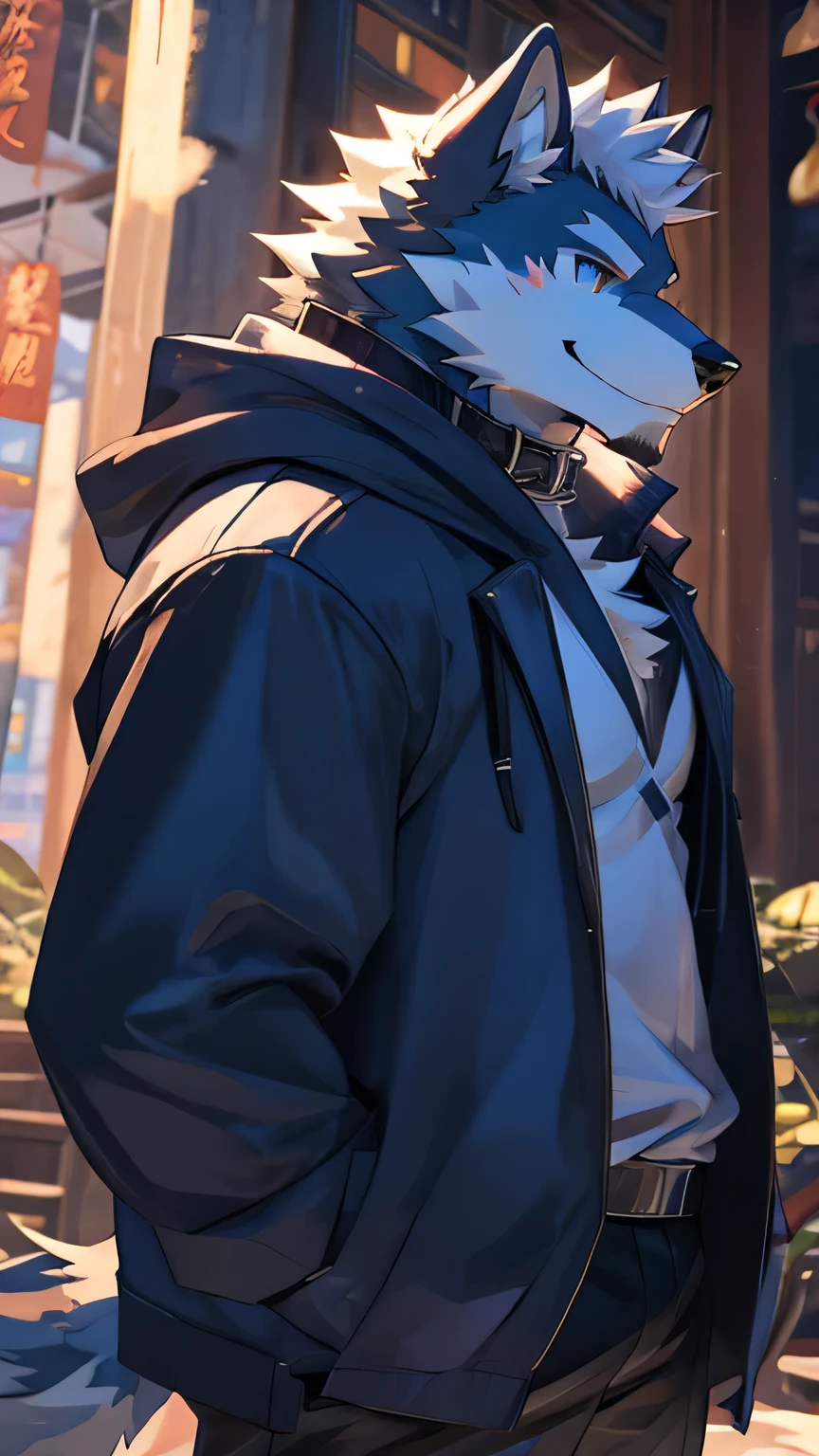 wolf orc,adult,dark blue fur,Partially white fur,white short hair,no beard,collar,Wearing a white sleeveless sweatshirt,a dark blue coat,shorts,close up,anime style天蓝色瞳孔,Strong body,muscular hunk,full-body shot,Smile,front,Gentle and honest,Hand slightly raised,anime style
