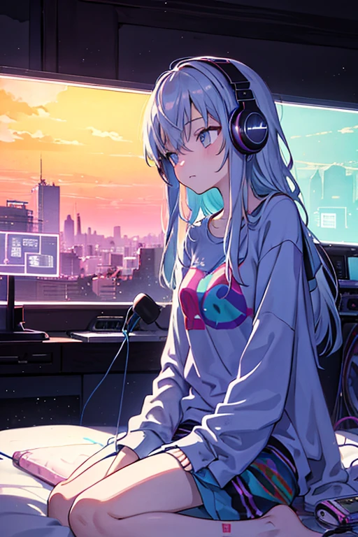 night、Girl listening to music in a cozy room, Using headphones, Anime-style 2D, lo-fi, 
European Hippie Girl meditating in her room, dreaming, Wear headphones, night lights, Neon landscape on a day, 
Analog Color Theme, Lo-Fi Hip Hop , retrospective, flat, 2.5D ,Draw a line, Ink Drawing, Large slope, 
Watercolor painting, Goosch Colors, Awesome colorful, Outer Ton, krautrock, lofi art,  
70s style,Old texture, amplitude,psychedelic vibe, masterpiece, Tremendous technology,