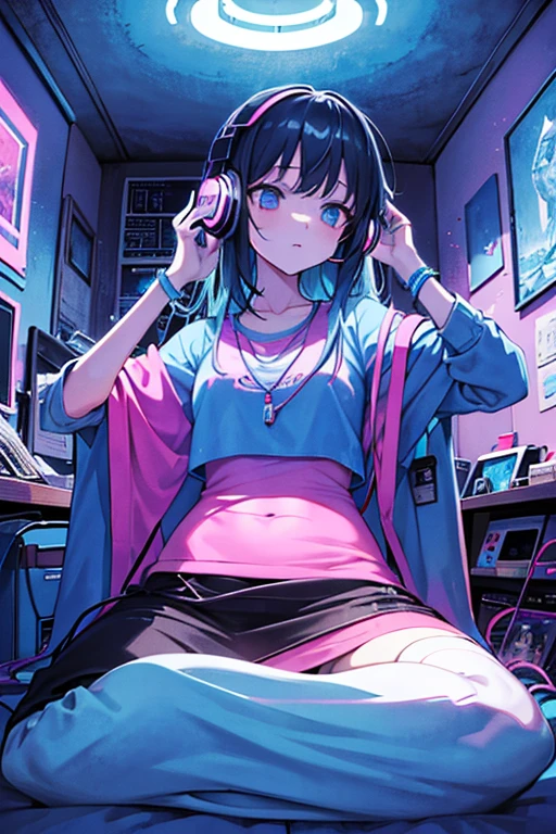 night、Girl listening to music in a cozy room, Using headphones, Anime-style 2D, lo-fi,
European Hippie Girl meditating in her room, dreaming, Wear headphones, night lights, Neon landscape on a day,
Analog Color Theme, Lo-Fi Hip Hop , retrospective, flat, 2.5D ,Draw a line, Ink Drawing, Large slope,
Watercolor painting, Goosch Colors, Awesome colorful, Outer Ton, krautrock, lofi art,
70s style,Old texture, amplitude,psychedelic vibe, masterpiece, Tremendous technology,