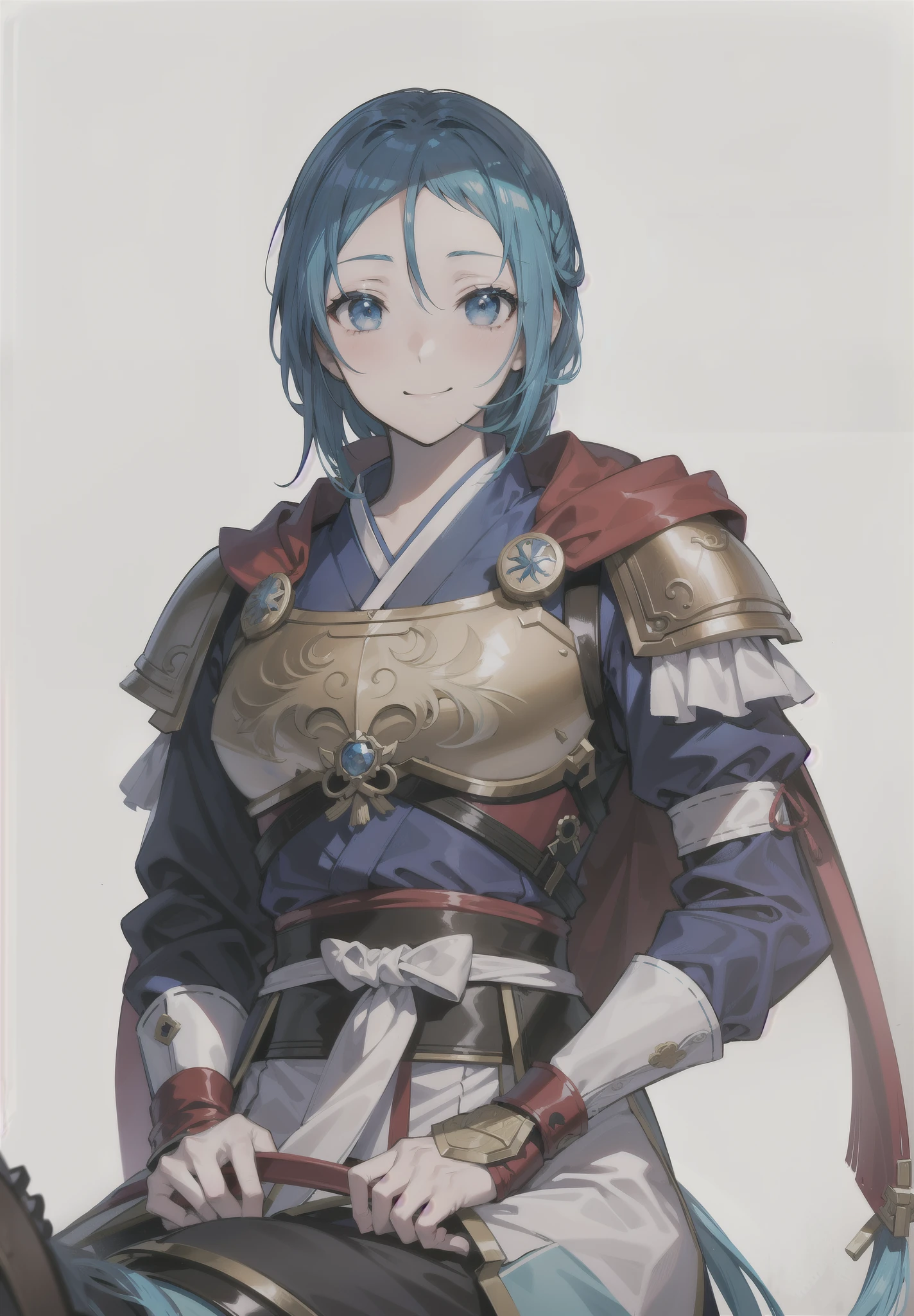 Blue-haired anime character sitting on horse, I am the point, Zodiac Girl Knight Portrait, Mai Yoneyama, Portrait of an anime heroine, shirow masamune, Fire Emblem Lucina, heroine 👀 :8, leisurely style, Clear cosplay portrait, official character art, Ayaka original god impact, Chinese style,cute girl,smile tag,Behind is the mountains