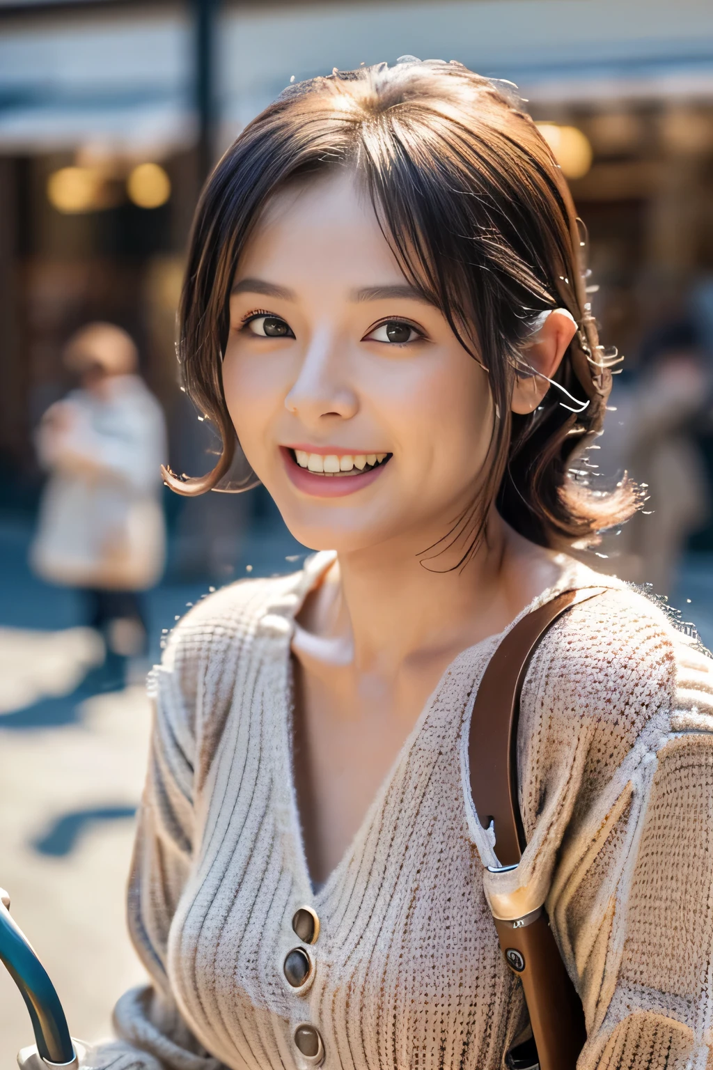 masterpiece, highest quality, Photoreal, Super detailed, finely, High resolution, 8k wallpaper, Professional, Advanced level of detail, ((20's posing in the city:1.2)), slender Japanese woman,, detailed clavicle, big breasts、perfect face, (Front facing:1.2)、medium long hair, chestnut hair、(A snug-fitting sweater that emphasizes your chest:1.5)、(Mini Flared Cart:1.8)、(Knee-high boots:1.2)、cute face、(gentle smile:1.5)、(brown skin:1.5)