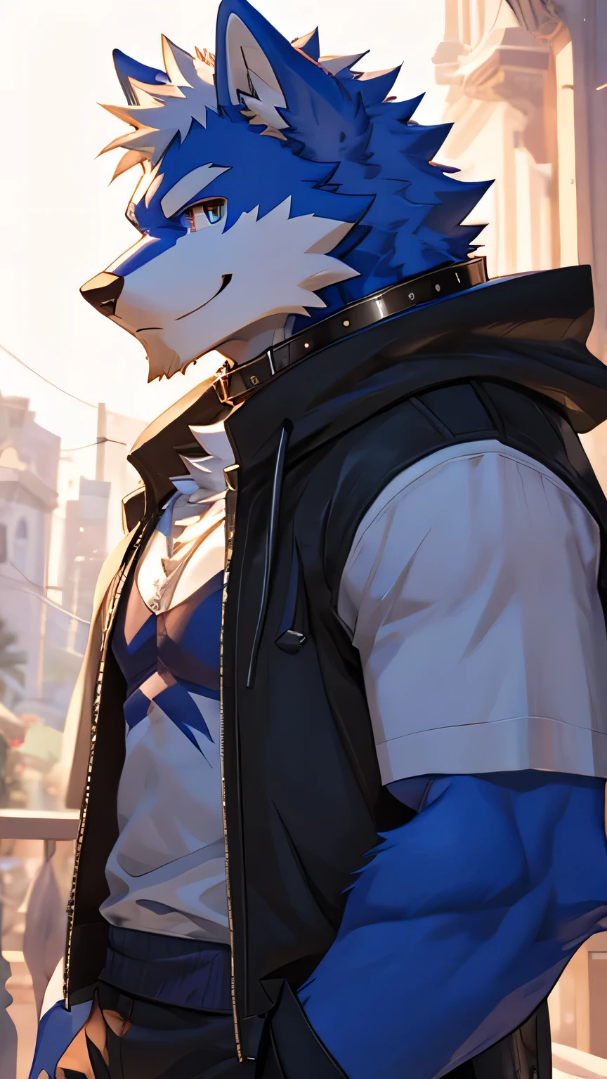 wolf orc,adult,dark blue fur,Partially white fur,white short hair,no beard,collar,Wearing a white sleeveless sweatshirt,a dark blue coat,shorts,close up,anime style天蓝色瞳孔,Strong body,muscular hunk,full-body shot,Smile,front,Gentle and honest,Hand slightly raised,anime style