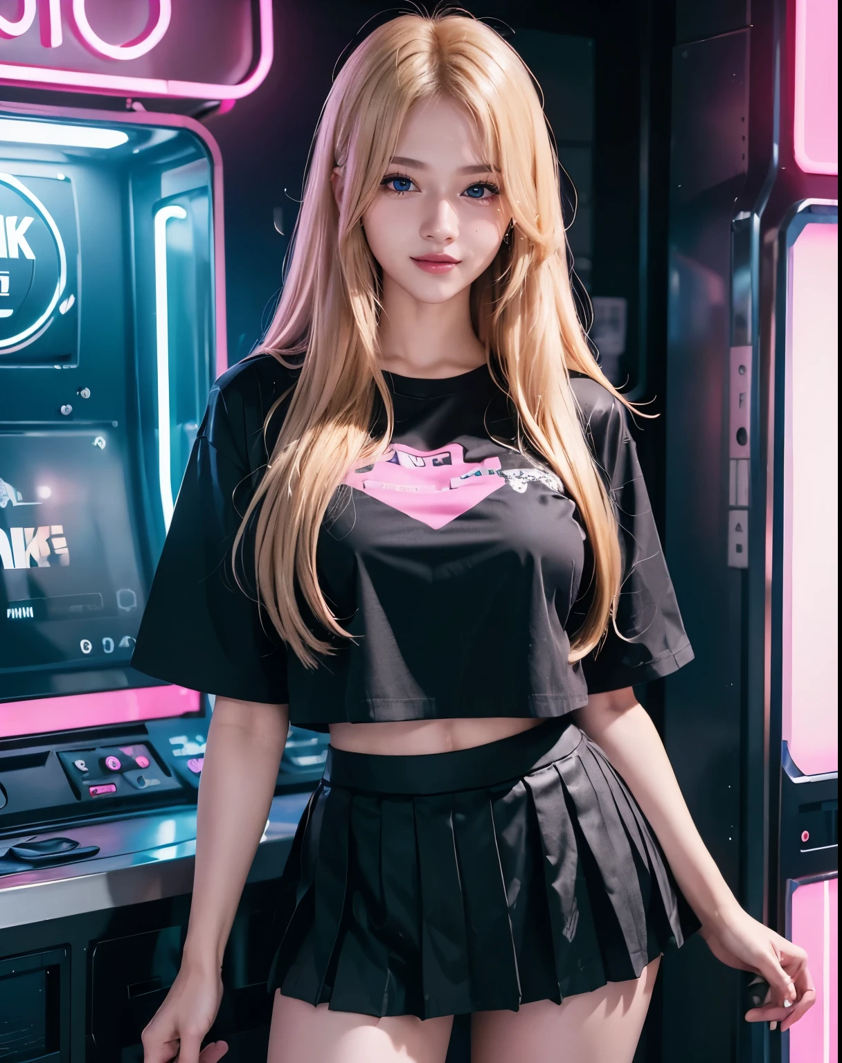 1girl, (blue eyes), (smiling :1.2), (Sana Minatozaki), (close-up at faces :1.2), (black lined eyes :1.3), wide hips, Big tits, big ass, (Best Quality, 8k, Masterpiece: 1.3), Clear Focus: 1.2, Perfect Body Beauty: 1.4, Highly detailed face and skin texture, detailed eyes, double eyelids, red lips, (blond long hair :1.2), (black pleated mini skirt :1.2), (pink t-shirt), standing, dynamic pose, in an arcade store, neon lights in the background