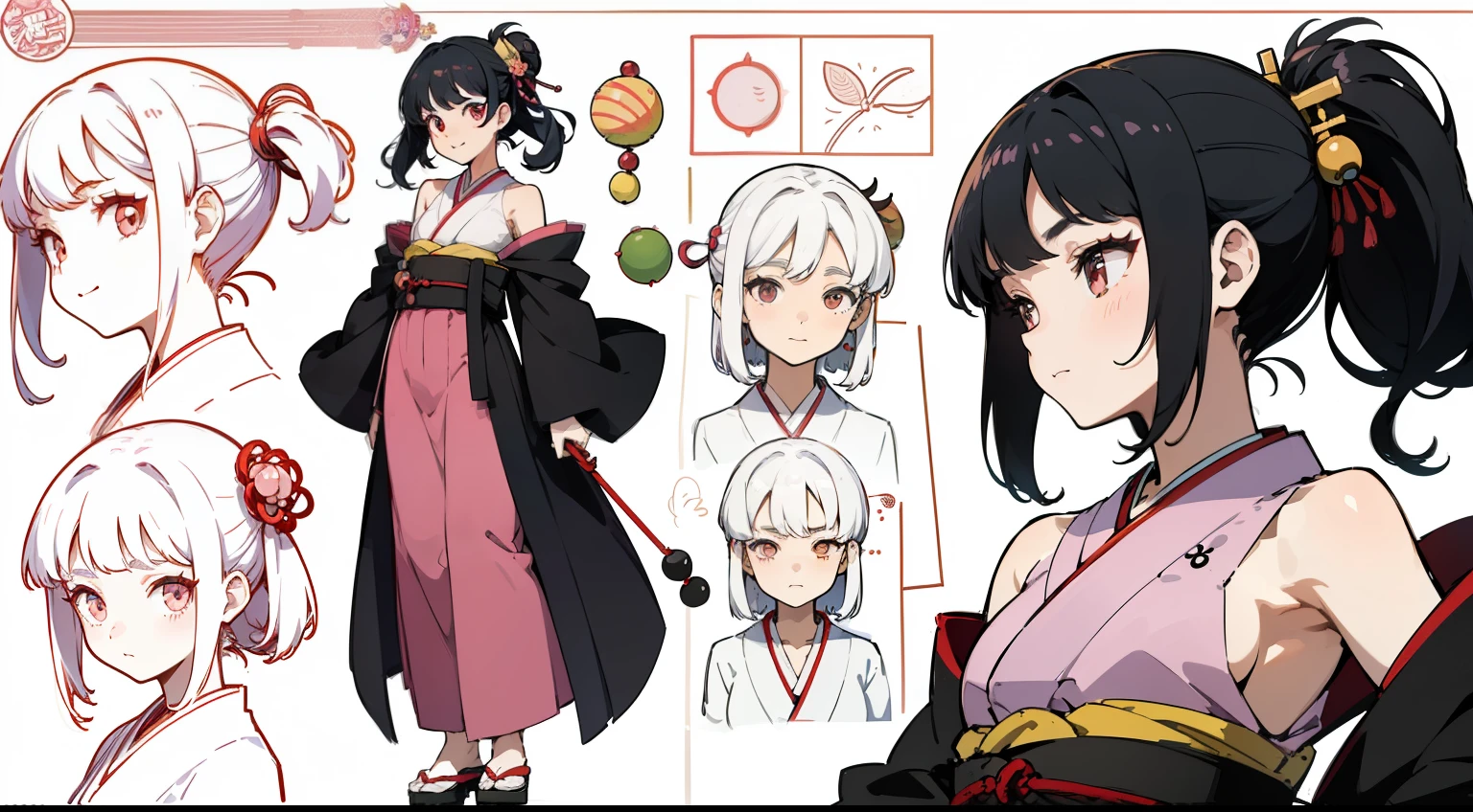16 years old, Black Hair Girl, Hair length to the armpits (((happy flirty look))) ,japanese kimono, ((Odango hairstyle)) (((detailed character sheet, Front view, Side view, 3/4 view)))