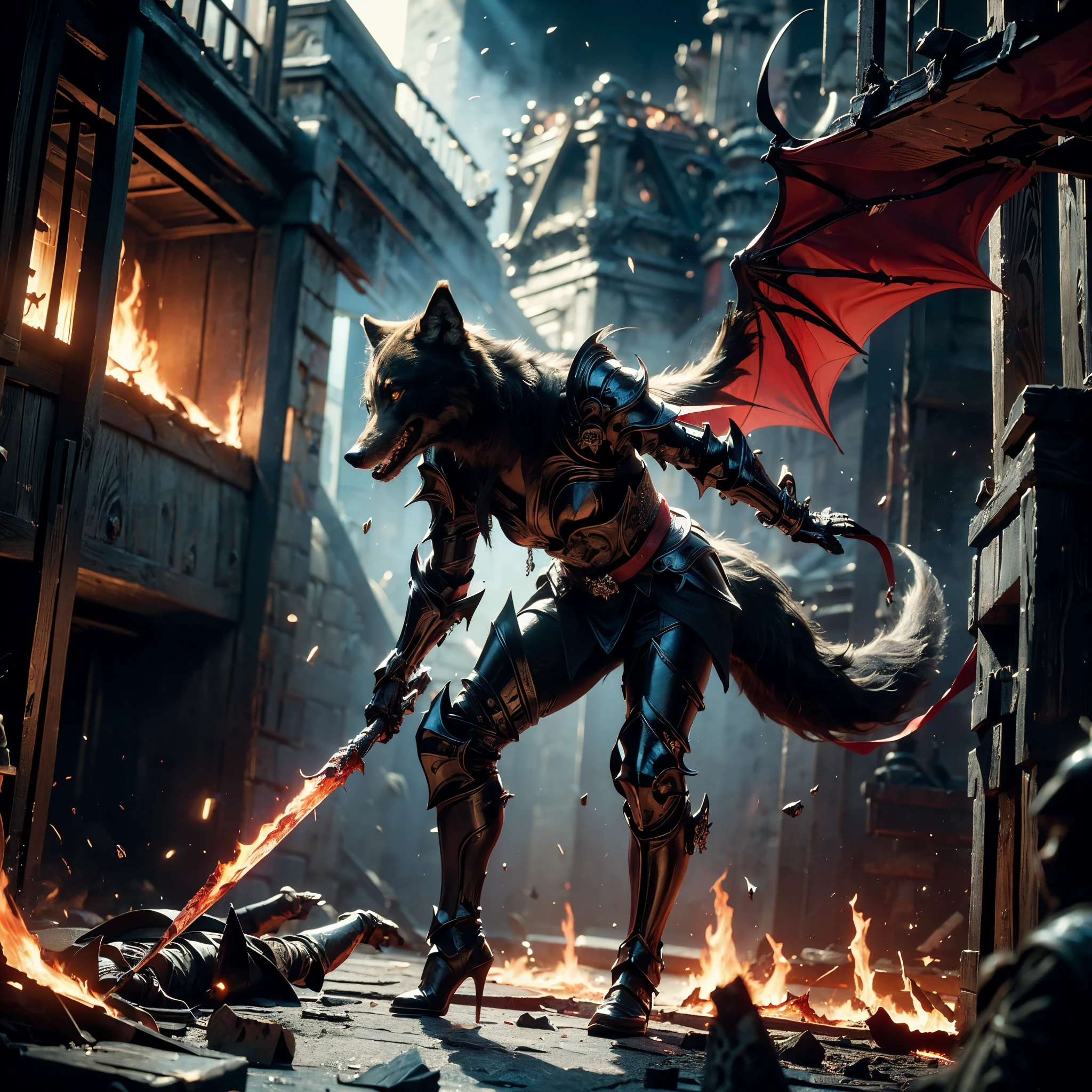 (((Realistic, masterpiece, best quality, crisp detail, high definition, high detail, very rich detail, sharp focus, sharp detail, colorful, rich color, perfect studio lightning))), ((20 years old, beautiful devil, kasumi arimura, evil gothic make up, flying, floating)),(((in the middle of war, epic war scene, attack stance))), wearing (((beautiful decorated black heavy armor, dark dragon armor, decorated full body armor, fully armored beautiful kimono, wide fire diabolos wings))), (flying, holding giant blade, blood scattered face, blood tears, blood bath, blood shed), (((fire everywhere, blood everywhere, death everywhere, japan bakumatsu period, dead bodies,carcass,burned japanese castle, cerberus, were wolves, hellish,chaos, inferno)) traditional village background, dark atmosphere, bloody night)