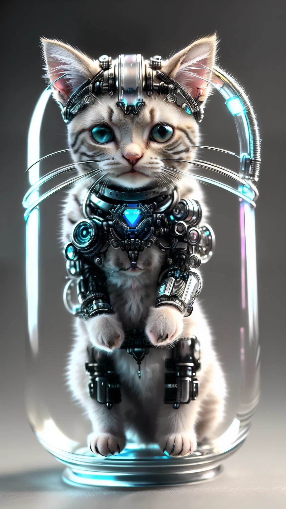 (((a cute kitten made of metal))、(intricate cyborg:1.2))、([tail | Detailed wire]:1.3)、Cat paw、(intricate-detail)、hdr、(intricate-detail、ultra-detailliert:1.2)、cinematic shot、vignettes、central、blue eyess、artistic、Getting inside a transparent cup、