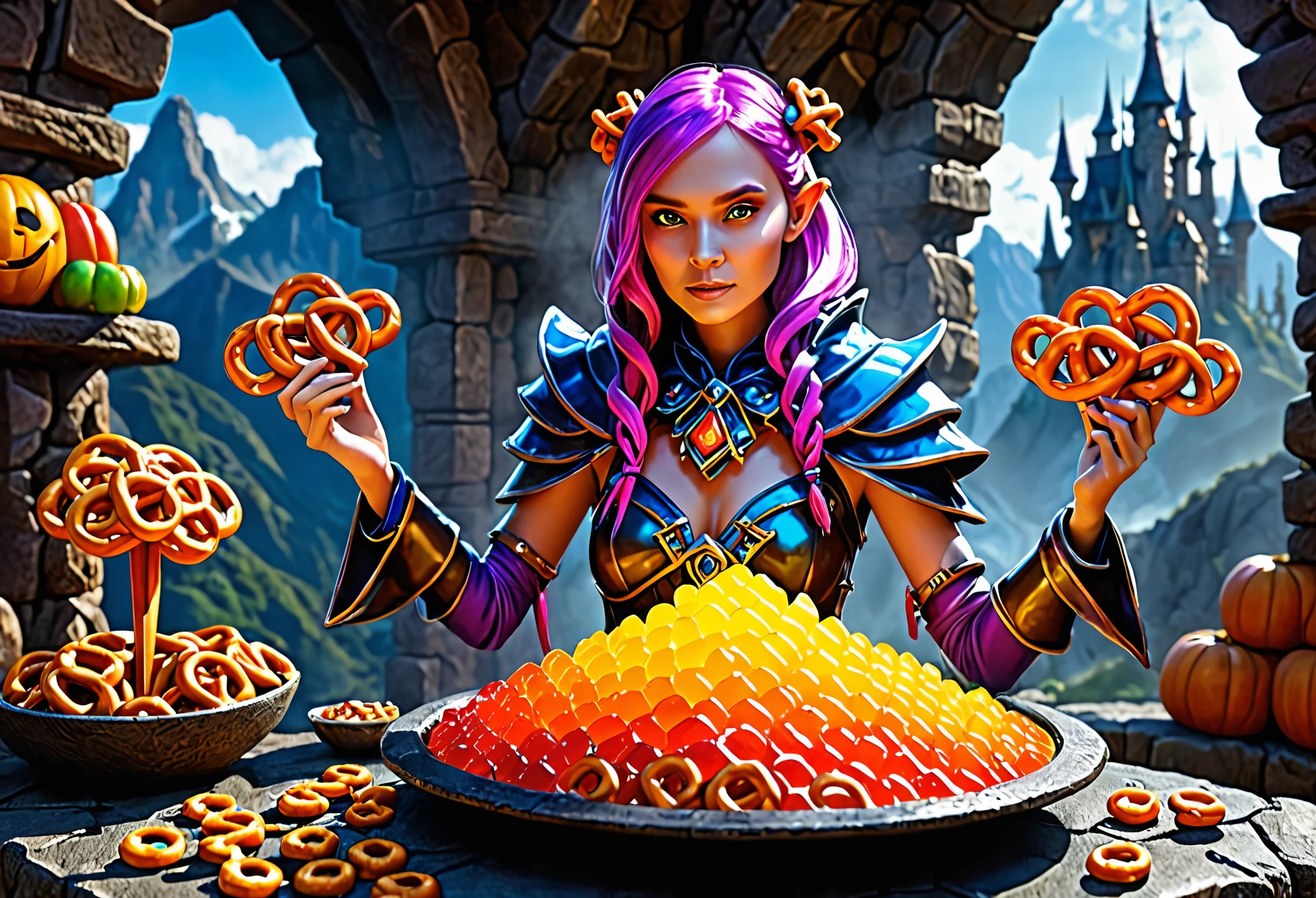 female Gummy adventurers,rock candy dungeon,dreaded skeletal mage made of pretzels,high fantasy,food dreaming,(best quality,4k,8k,highres,masterpiece:1.2),ultra-detailed,(realistic,photorealistic,photo-realistic:1.37),vivid colors,portraits,HDR,sharp focus,physically-based rendering,extreme detail description,professional,studio lighting,colorful,surreal lighting,dynamic composition,unexpected twist,magic essence