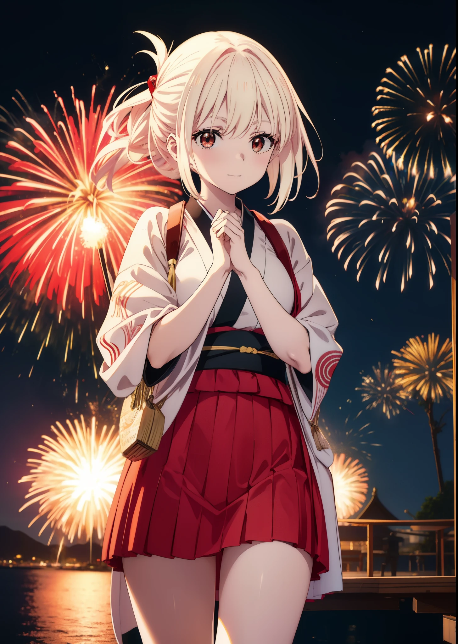 chisatonishikigi, Chisato Nishikigi, long hair, bangs, blonde hair, (red eyes:1.5), smile,blush, hair tied back,light red yukata,mini skirt,Zori sandals,fireworks in the night sky,fireworks,The place is a fireworks display,Time is night、sunny day,turn around,So that the whole body goes into the illustration,
break outdoors, shrine,祭り
break looking at viewer, (cowboy shot:1.5),
break (masterpiece:1.2), highest quality, High resolution, unity 8k wallpaper, (figure:0.8), (detailed and beautiful eyes:1.6), highly detailed face, perfect lighting, Very detailed CG, (perfect hands, perfect anatomy),