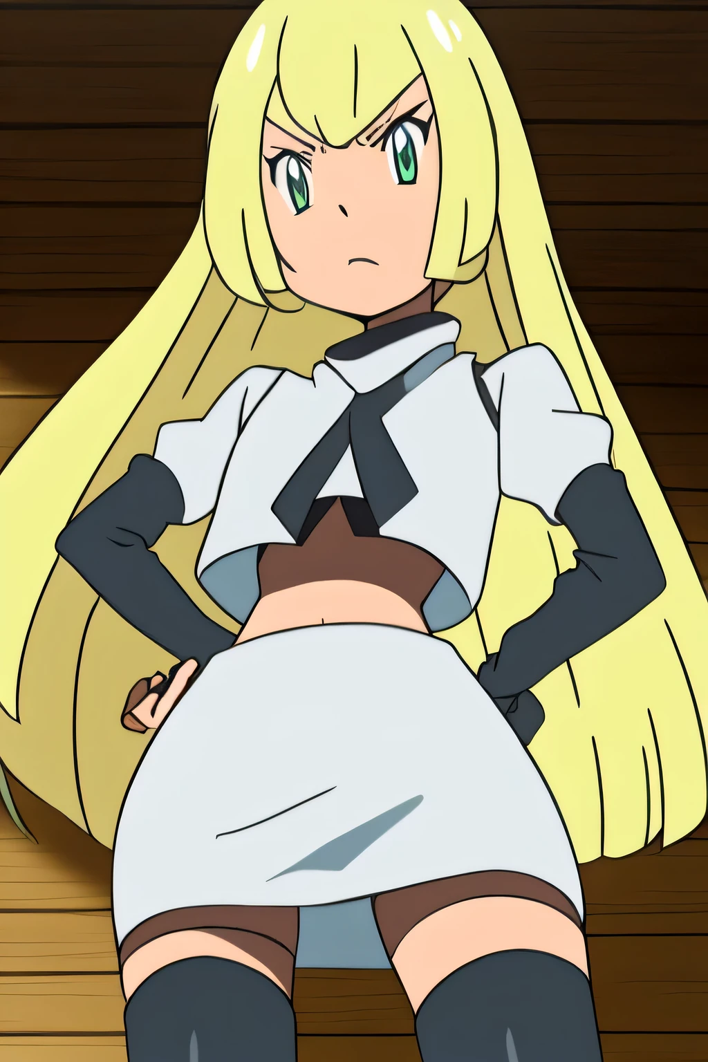 masterpiece,best quality,high res,high quality,8k, masterpiece,highres, team rocket uniform, red letter r, white skirt,white crop top,black thigh-high boots, black elbow gloves, glaring angrily, looking down at viewer, hands on hips, cowboy shot, zettai ryouiki,spread legs,from below, black panties,anime style, vivid colors, sharp focus, intense lighting,lillie,blonde hair, long hair, twin braids, green eyes,