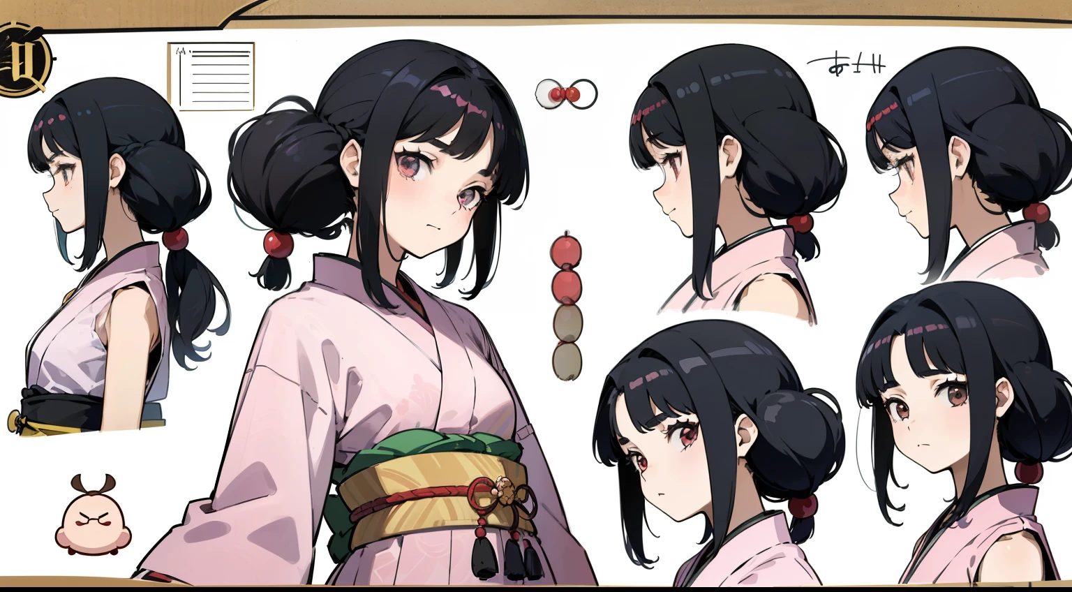 16 years old, Black Hair Girl, Hair length to the armpits (((happy flirty look))) ,japanese kimono, ((Odango hairstyle)) (((detailed character sheet, Front view, Side view, 3/4 view)))