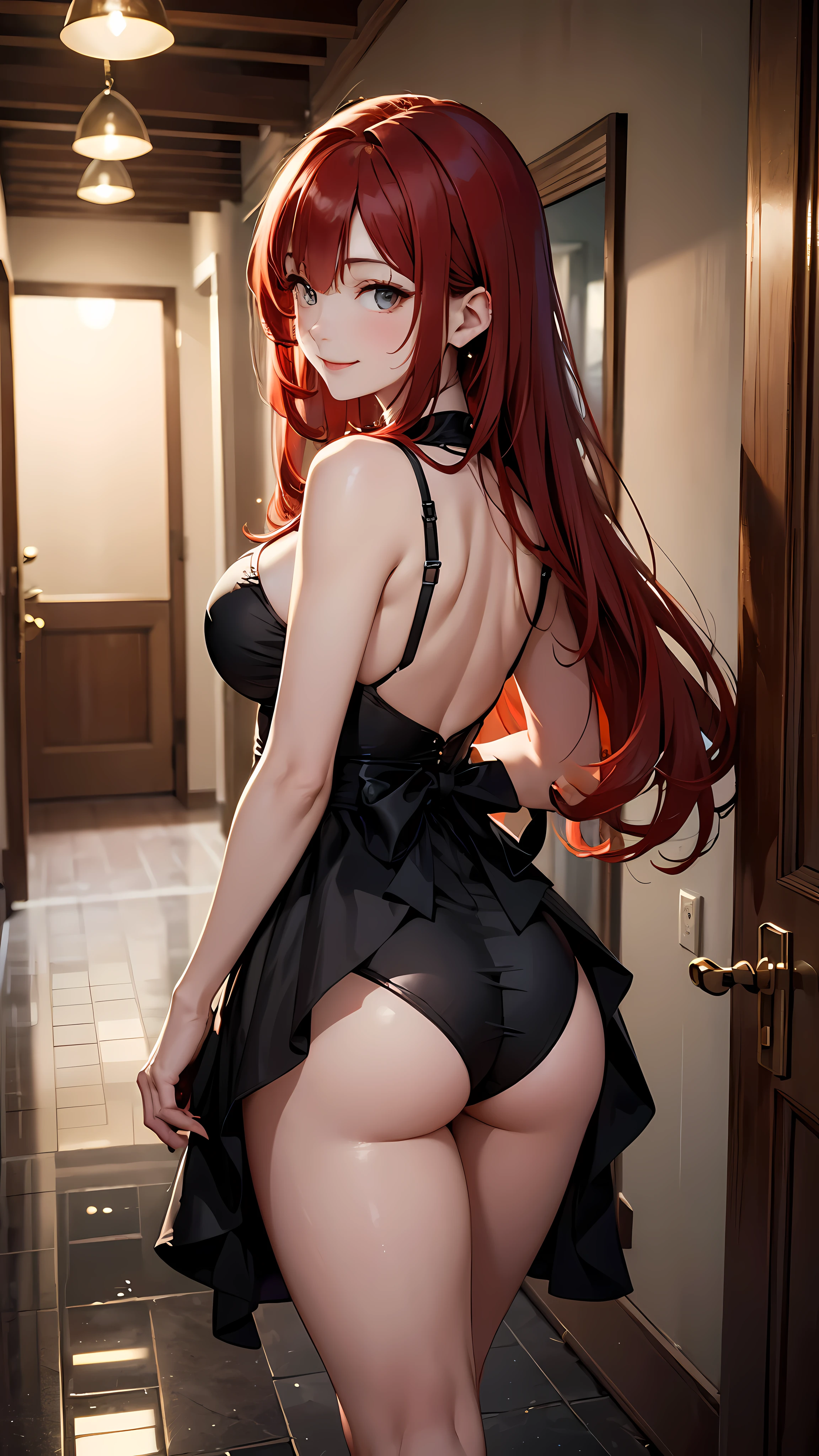 masterpiece、highest quality、8K、One female、25age、((red hair))、long hair、bangs、attractive woman、black eyes、sparkling eyes、Beautifully drawn eyes、Challenging smile、big bust、gothic maid、(look back)、show off your butt、Knee to head、Hallway of the mansion、aerial perspective、pure、transparent、