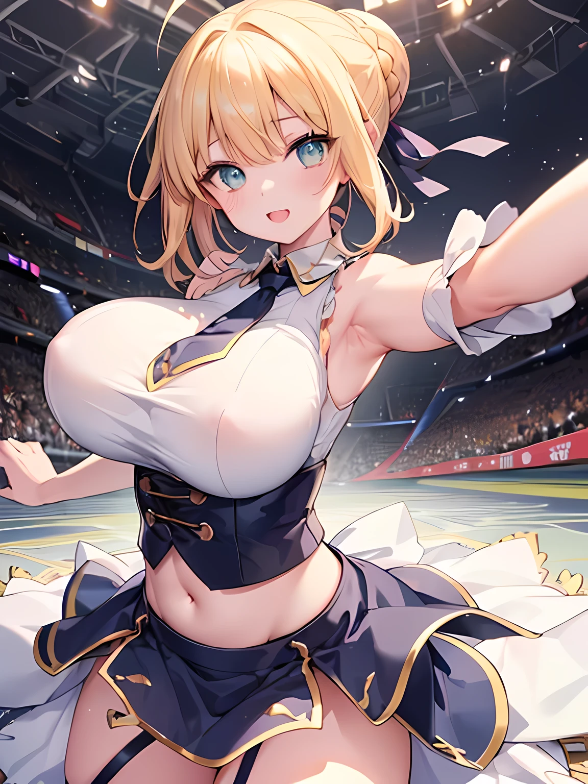 masterpiece,highest quality,(Super detailed),masterpiece,written boundary depth,perfect sentence, Detailed CG,Super detailed,(highly detailed eyes,very cute face,highly detailed face:1.3),beautiful anime girl,(solo girl:1.5),(super huge breasts:1.6),break,(smile full of joy),open your mouth,View viewer,break,sabercasual, ahoge, braid, hair ribbon, armored dress, ribbon, gauntlets,blonde,short hair,Ahoge, Braid, bun hair, hair ribbon,green eyes,(idol costume,white sleeveless ruffle crop top),large ribbon tie with jewelry,belly button,micro mini skirt,dynamic pose,dynamic angle,(dancing,live stadium),