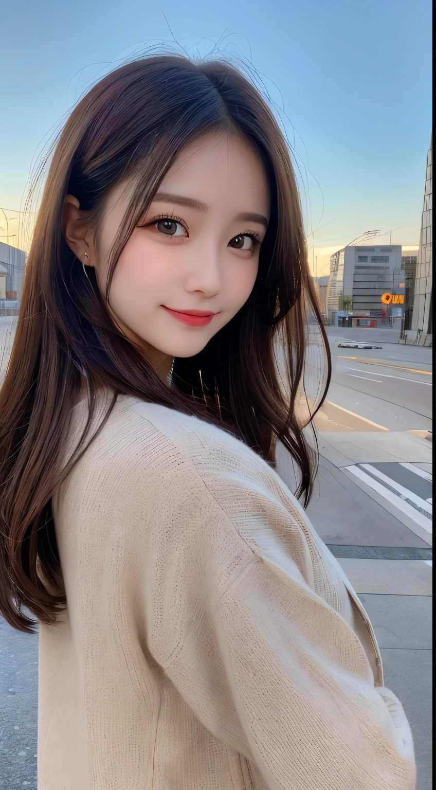 table top, highest quality, shape, Super detailed, finely, High resolution, 8k wallpaper, 完璧なダイナミックな構shape, beautiful and detailed eyes, Gorgeous black fluffy Tokyo winter clothes,ランダムなcute髪,,natural color lip, bold sexy pose,smile、20 year old girl、cute、sexy shot looking at camera,Always blur the background,perfect and beautiful face,Take only the face,Beautiful and dense face、slim face and style,Big eyes、Do gal makeup,small face,wear spring outerwear、shot from below、sunset、smile、Photographing the sky
