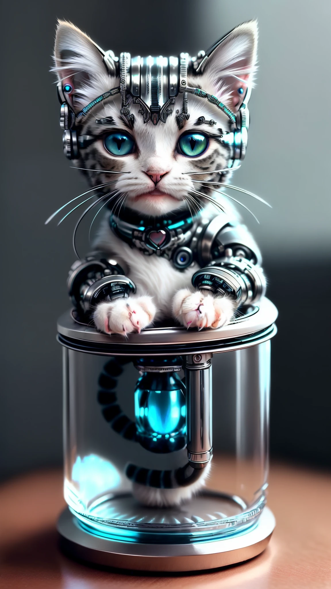 (((a cute kitten made of metal))、(intricate cyborg:1.2))、([tail | Detailed wire]:1.3)、Cat paw、(intricate-detail)、hdr、(intricate-detail、ultra-detailliert:1.2)、cinematic shot、vignettes、central、blue eyess、artistic、Getting inside a transparent cup、