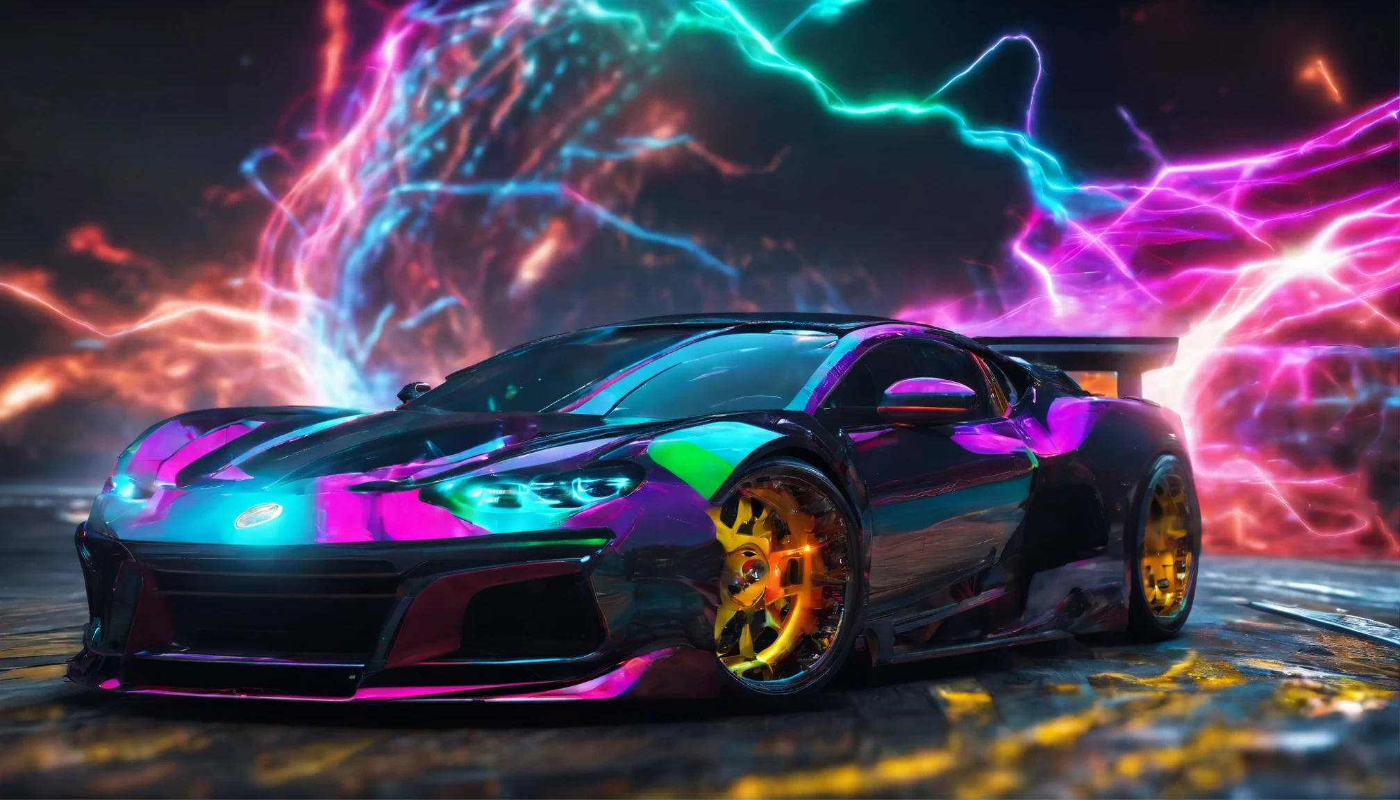 In this captivating image, a sports car embodies power and dynamism. Her gaze exudes determination, and her figure radiates confidence, creating a perfect contrast to the potency of the sports car.Behind the car unfolds a swirl of colorful smoke, adding an extra layer of dynamism and mystery to the scene. This array of multicolored smoke not only frames the car but also symbolizes energy and motion, enveloping this thrilling moment.This picture captures attention and conveys not only beauty and style but also the excitement and adrenaline associated with the world of sports cars.