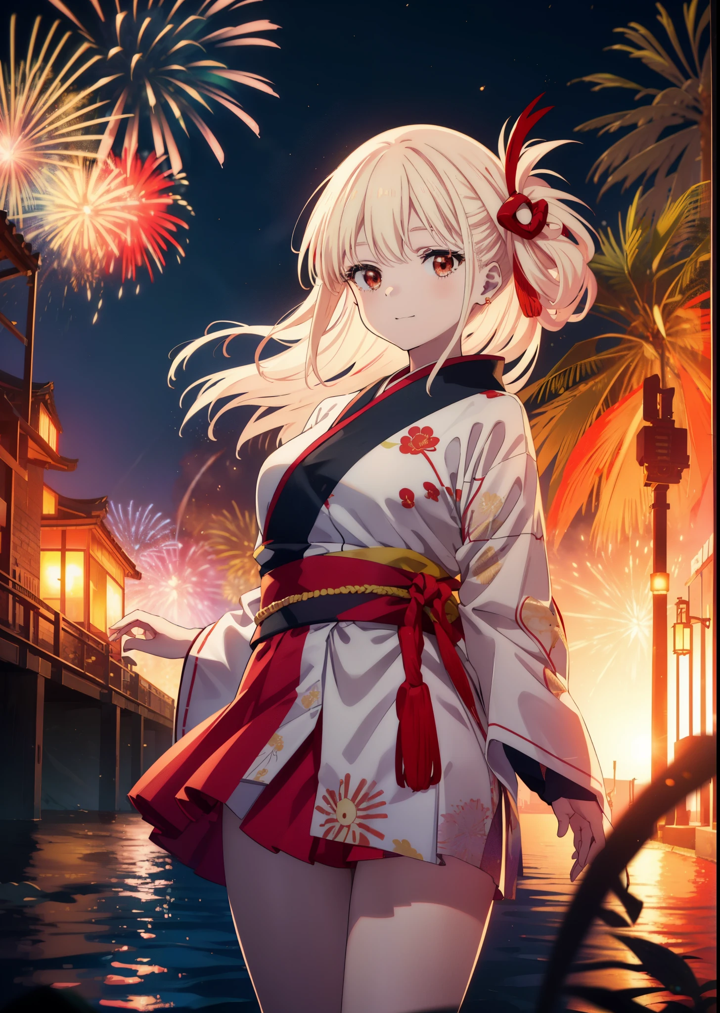 chisatonishikigi, Chisato Nishikigi, long hair, bangs, blonde hair, (red eyes:1.5), Smile, smile, open your mouth,hair tied back,light red yukata,mini skirt,Zori sandals,fireworks in the night sky,fireworks,The place is a fireworks display,Time is night、sunny day,turn around,So that the whole body goes into the illustration,
break outdoors, shrine,祭り
break looking at viewer, (cowboy shot:1.5),
break (masterpiece:1.2), highest quality, High resolution, unity 8k wallpaper, (figure:0.8), (detailed and beautiful eyes:1.6), highly detailed face, perfect lighting, Very detailed CG, (perfect hands, perfect anatomy),