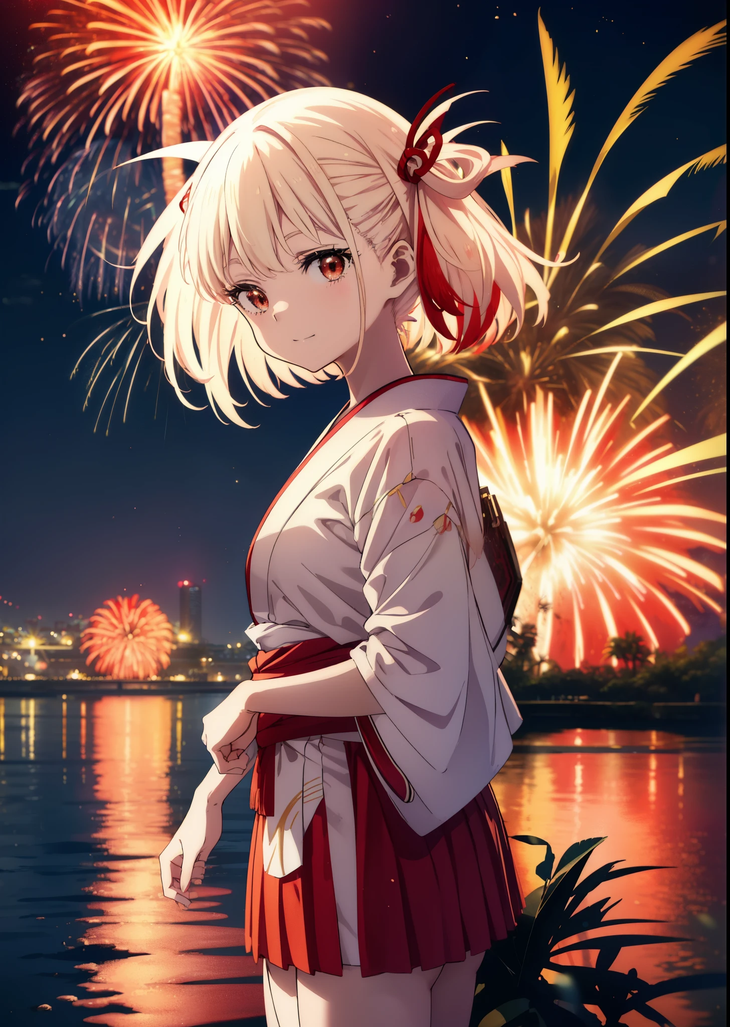chisatonishikigi, Chisato Nishikigi, long hair, bangs, blonde hair, (red eyes:1.5), Smile, smile, open your mouth,hair tied back,light red yukata,mini skirt,Zori sandals,fireworks in the night sky,fireworks,The place is a fireworks display,Time is night、sunny day,turn around,So that the whole body goes into the illustration,
break outdoors, shrine,祭り
break looking at viewer, (cowboy shot:1.5),
break (masterpiece:1.2), highest quality, High resolution, unity 8k wallpaper, (figure:0.8), (detailed and beautiful eyes:1.6), highly detailed face, perfect lighting, Very detailed CG, (perfect hands, perfect anatomy),