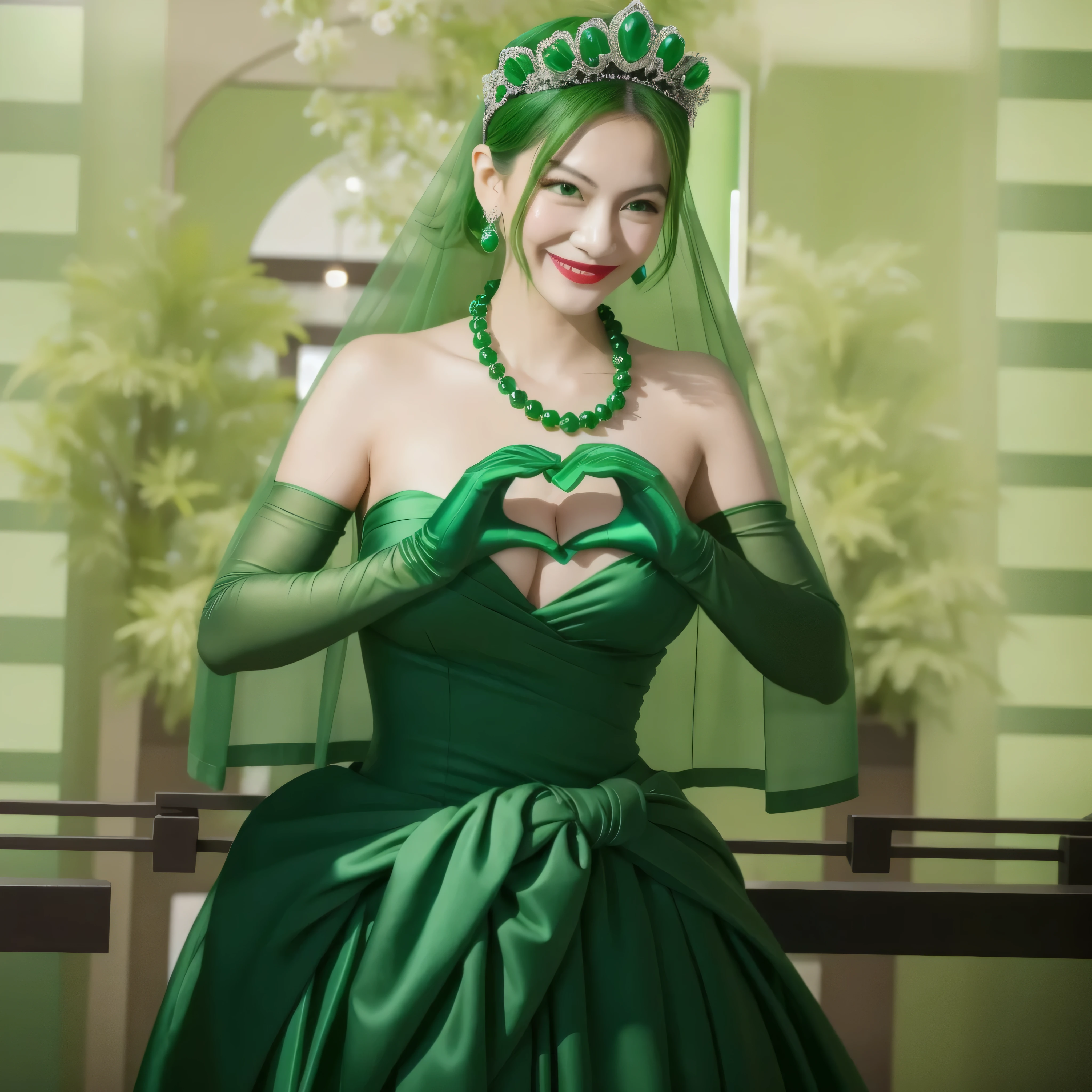 emerald tiara, green pearl necklace, boyish very short green hair, green lips, smiling Japanese woman, very short hair, Beautiful woman with big breasts, green eyes, green satin long gloves, green eyes, emerald earrings, green veil, Heart with both hands, green hair, beautiful japanese woman, heart shaped hands:1.3, green lip gloss