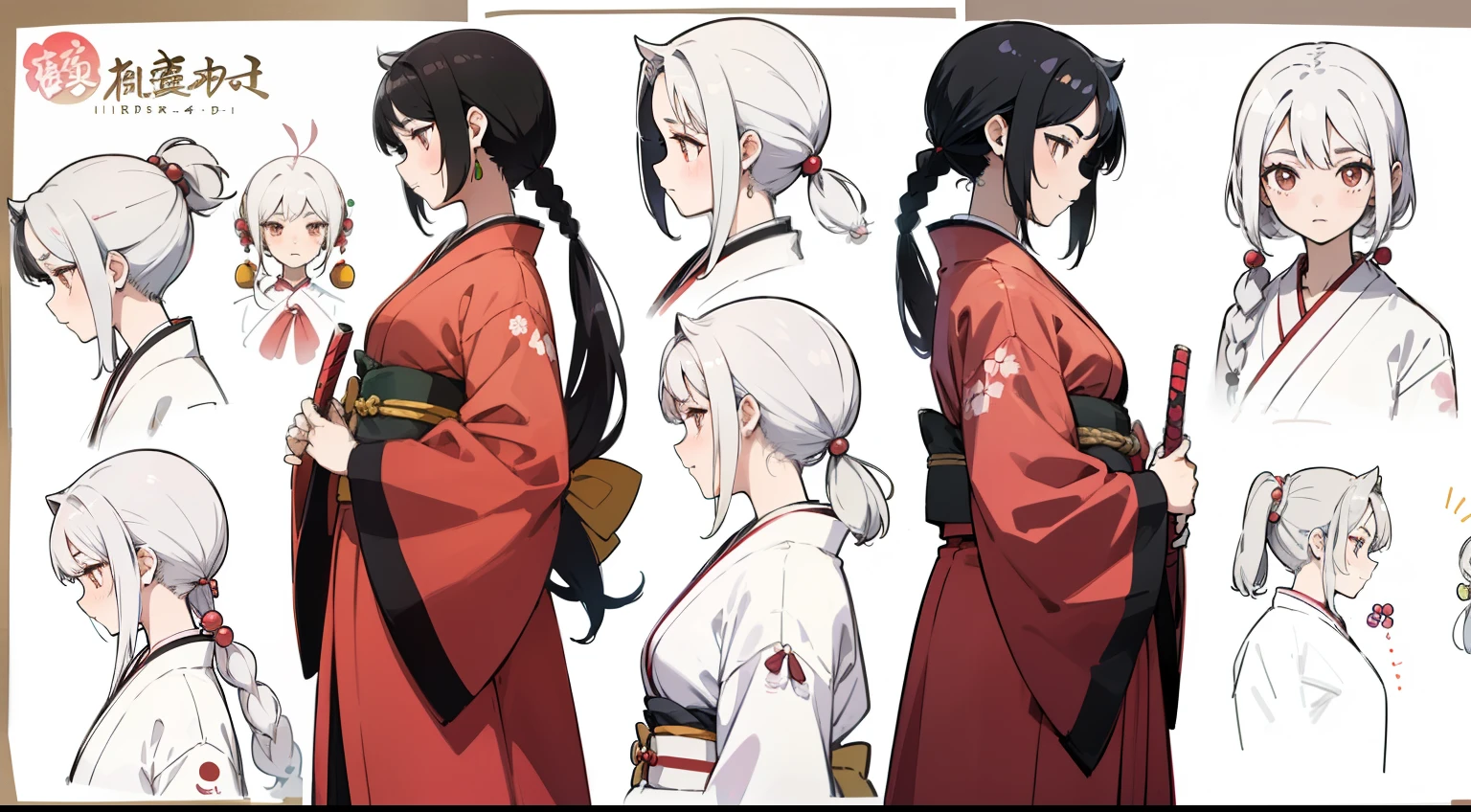 16 years old, Black Hair Girl, Hair length to the armpits (((happy flirty look))) ,japanese kimono, ((Odango hairstyle)) (((detailed character sheet, Front view, Side view, 3/4 view)))