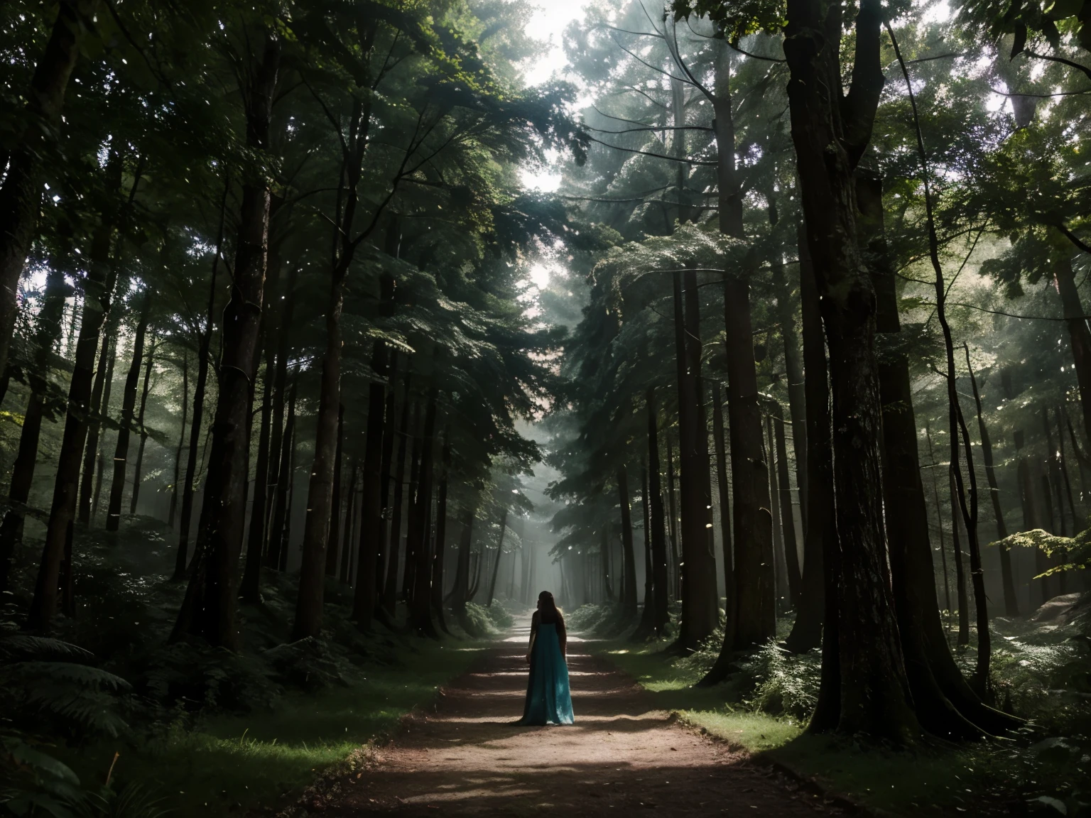 A dense forest shrouded in mist and mystery, with ancient trees towering overhead and shafts of moonlight filtering through the canopy. The air is alive with the sound of rustling leaves and distant laughter, as Feyre and Rhysand navigate the winding paths and hidden clearings of the Night Court's enchanted woods