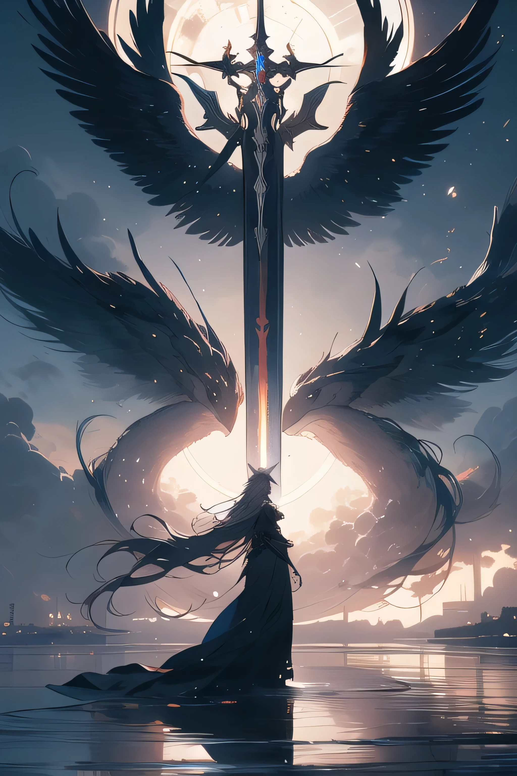 (masterpiece:1.2), best quality,realistic,midjourney,
long hair, moon, cloud, solo, scenery, holding, weapon, standing, sky, outdoors, halo, sword, holding weapon, cloudy sky, phoenix fly at the sky, wide shot, 1girl, holding sword, from behind, dress, very long hair, black dress, very detailed body.
 