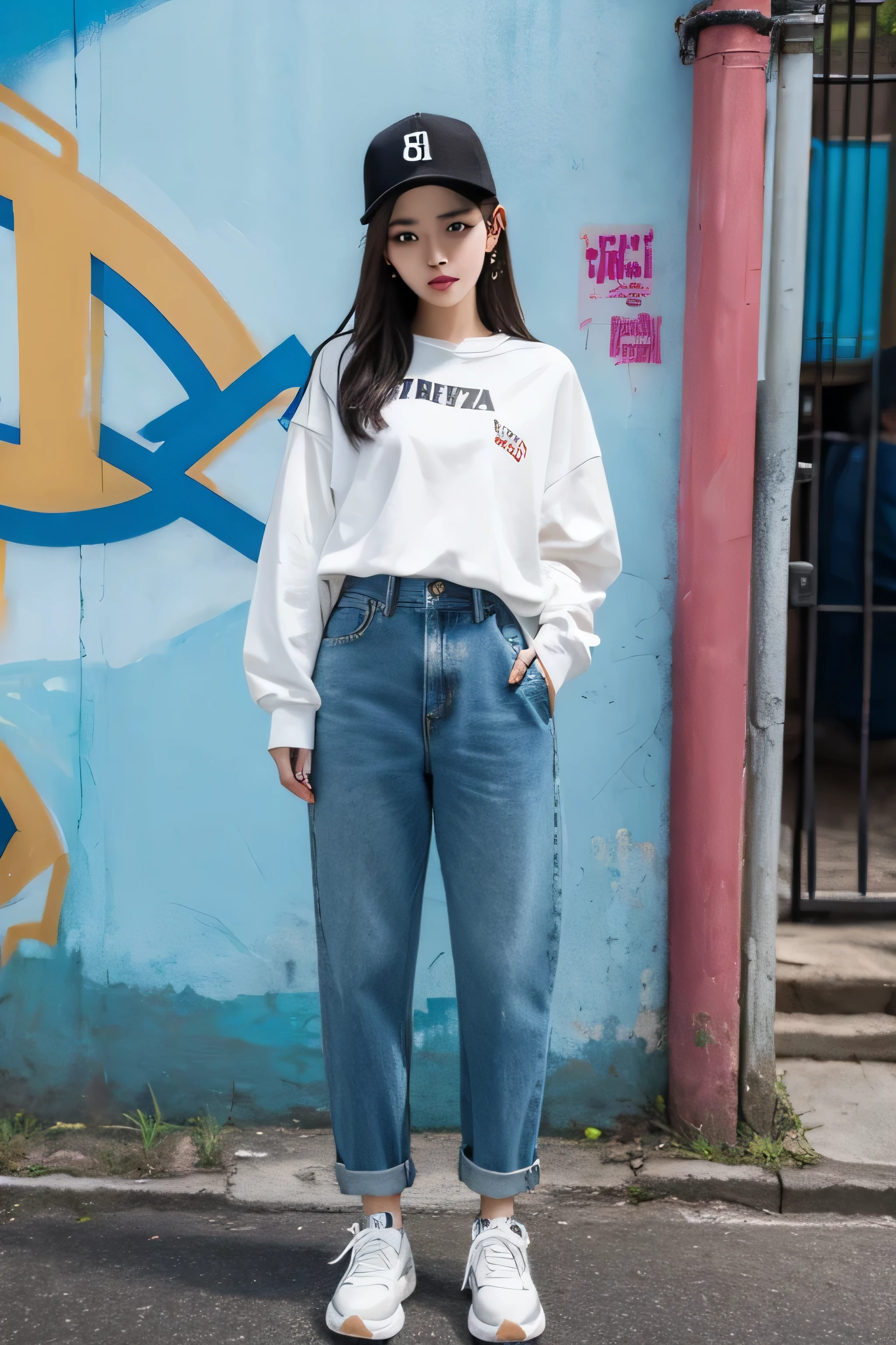 ((best quality)), ((masterpiece)), (detailed), (delicate face), perfect face, One Korean beauty in a back alley、(super detail)、(8 thousand)、((Hip Hop Fashion))、(graffiti wall)、(Full Body Sbian)、(detailed feet)、(detailed hand)、(nice face)、(standing)