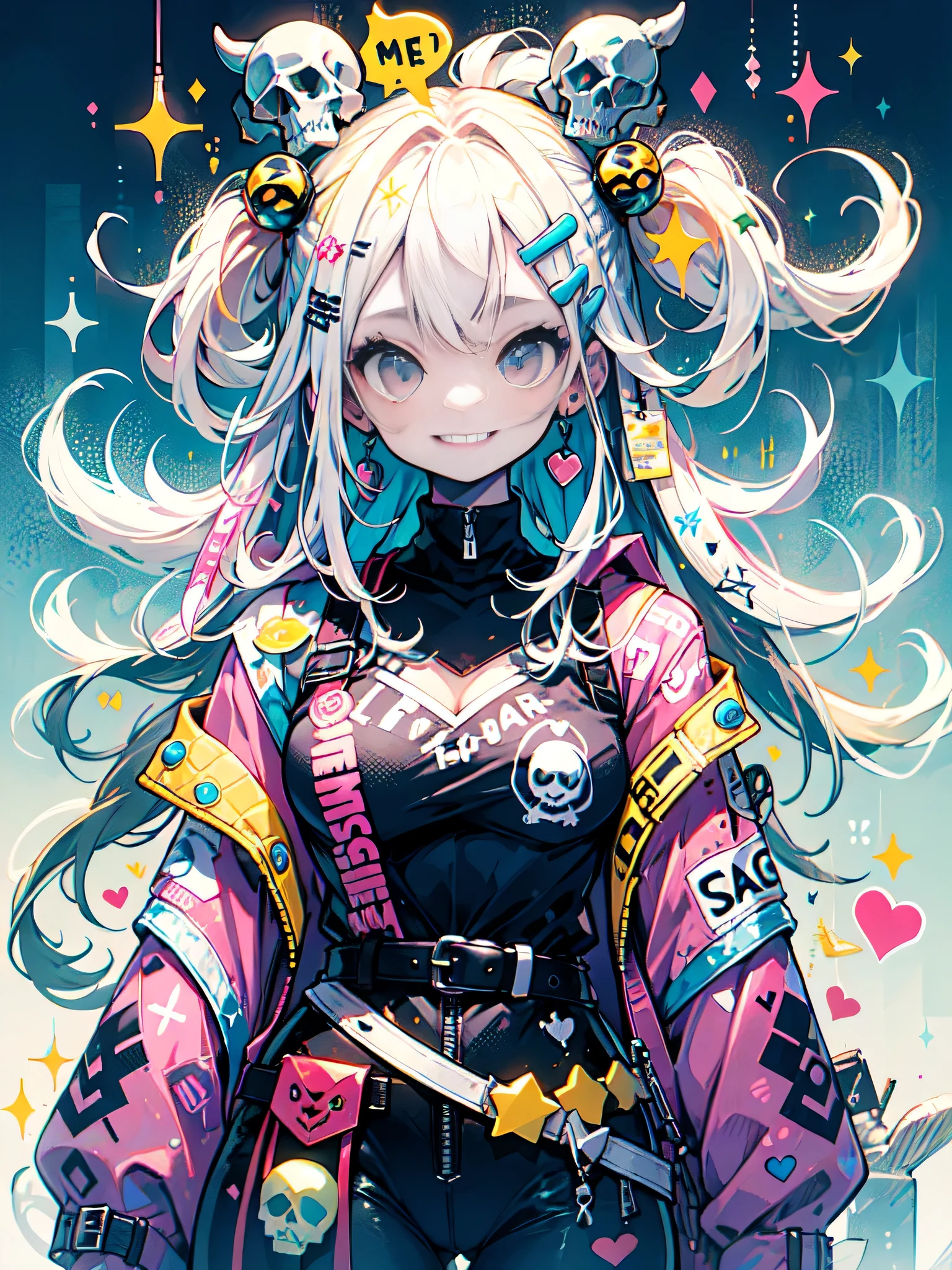 "cute, beautiful, Adorable girl wearing pink clothes, yellow, and baby blue color scheme. She is wearing a costume with a SKULL motif inspired by a female pirate.。.。.。.... her costume is fluffy and soft, Comes with decorative accessories such as hair clips. Embodying the vibrant and modern Harajuku fashion style。."　、best smile
