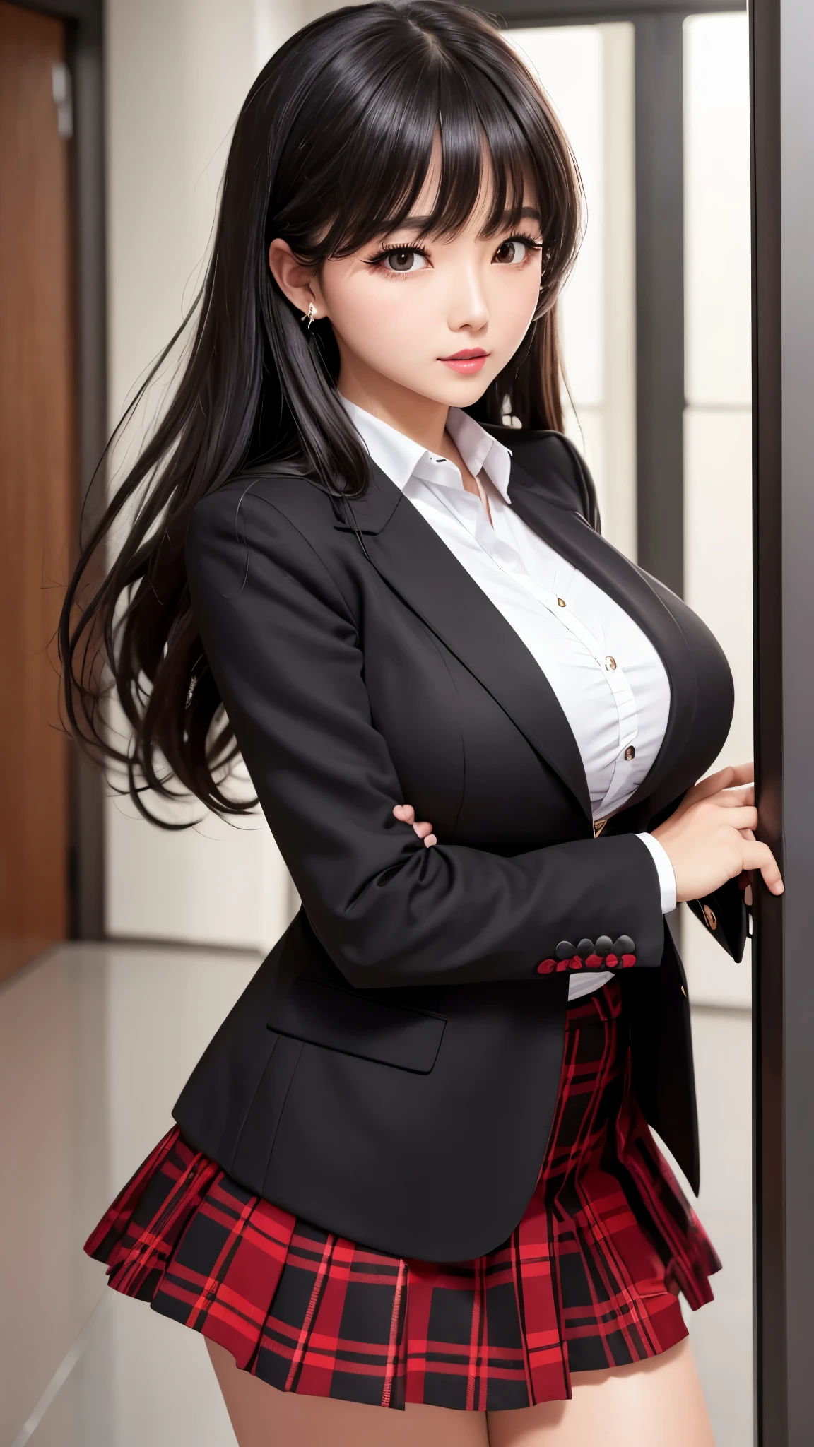 ((highest quality)), ((8k)), (detailed face), (highlight), female、Big breasts、bangs、black hair、plaid skirt、blazer、red to black、