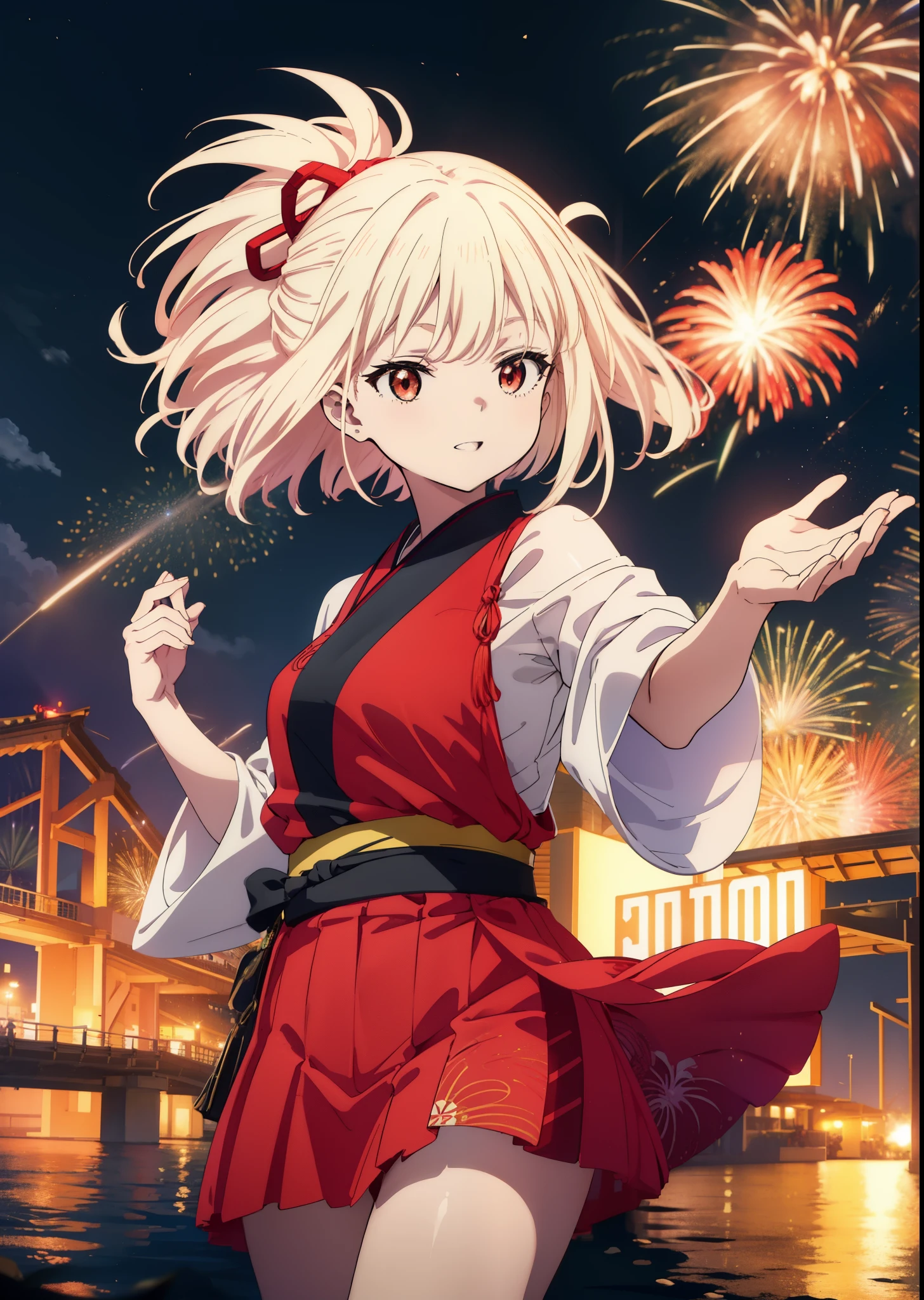 chisatonishikigi, Chisato Nishikigi, long hair, bangs, blonde hair, (red eyes:1.5), happy smile, smile, open your mouth,hair tied back,light red yukata,mini skirt,Zori sandals,fireworks in the night sky,fireworks,The place is a fireworks display,Time is night、sunny day,turn around,So that the whole body goes into the illustration,
break outdoors, shrine,祭り
break looking at viewer, (cowboy shot:1.5),
break (masterpiece:1.2), highest quality, High resolution, unity 8k wallpaper, (figure:0.8), (detailed and beautiful eyes:1.6), highly detailed face, perfect lighting, Very detailed CG, (perfect hands, perfect anatomy),