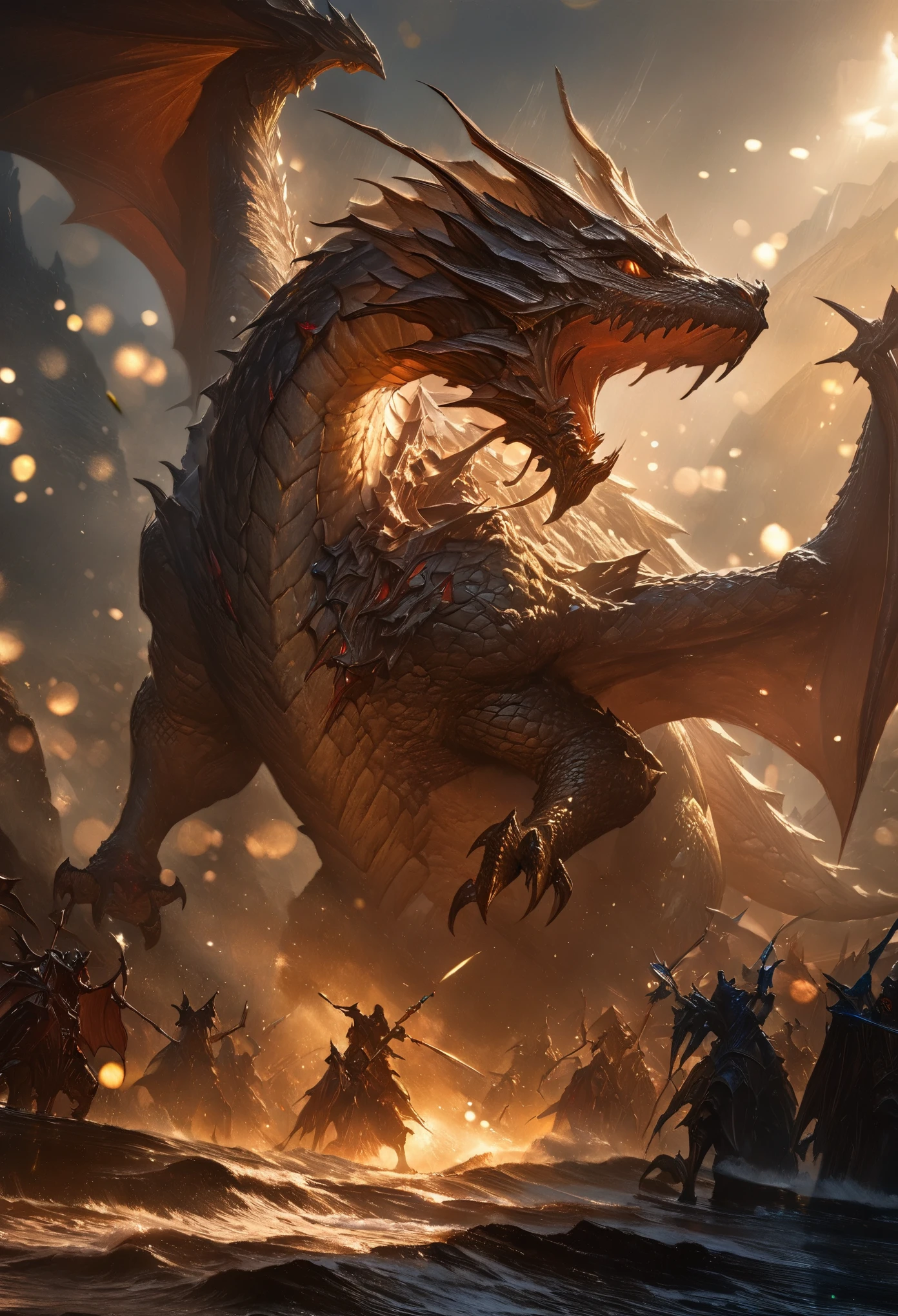 concept:Battle scene with a dragon. quality:(最高quality, 4k, High resolution, masterpiece:1.2), Super detailed, (fantasy art,oil:1.5), 高qualityのアートワーク, delicate brushstrokes. composition:Bokeh, ダイナミックなcomposition, a powerful sense of movement, dungeons&inspired by dragons, The overall dramatic atmosphere of the scene, original composition, dutch angle, moving depiction. Subject information:(((Red Dragon:1.2, Giant Monsters))), large dragon with red scales, fierce battle, speed and adrenaline, atmosphere of battle. Other details:An illustration of a scene from a legendary RPG, Combat action in the dungeon, Billowing dust and smoke, Magical effects released by a wizard, (magic scroll), dynamic angle, Angry voice, powerful wave roar, luster, smooth aerodynamic shape, Battle maneuvers that require concentration, energetic atmosphere, The perfect balance of chaos and precision, thrill, a powerful sense of movement, 背景のBokeh, 500㎜, f/4.0.
