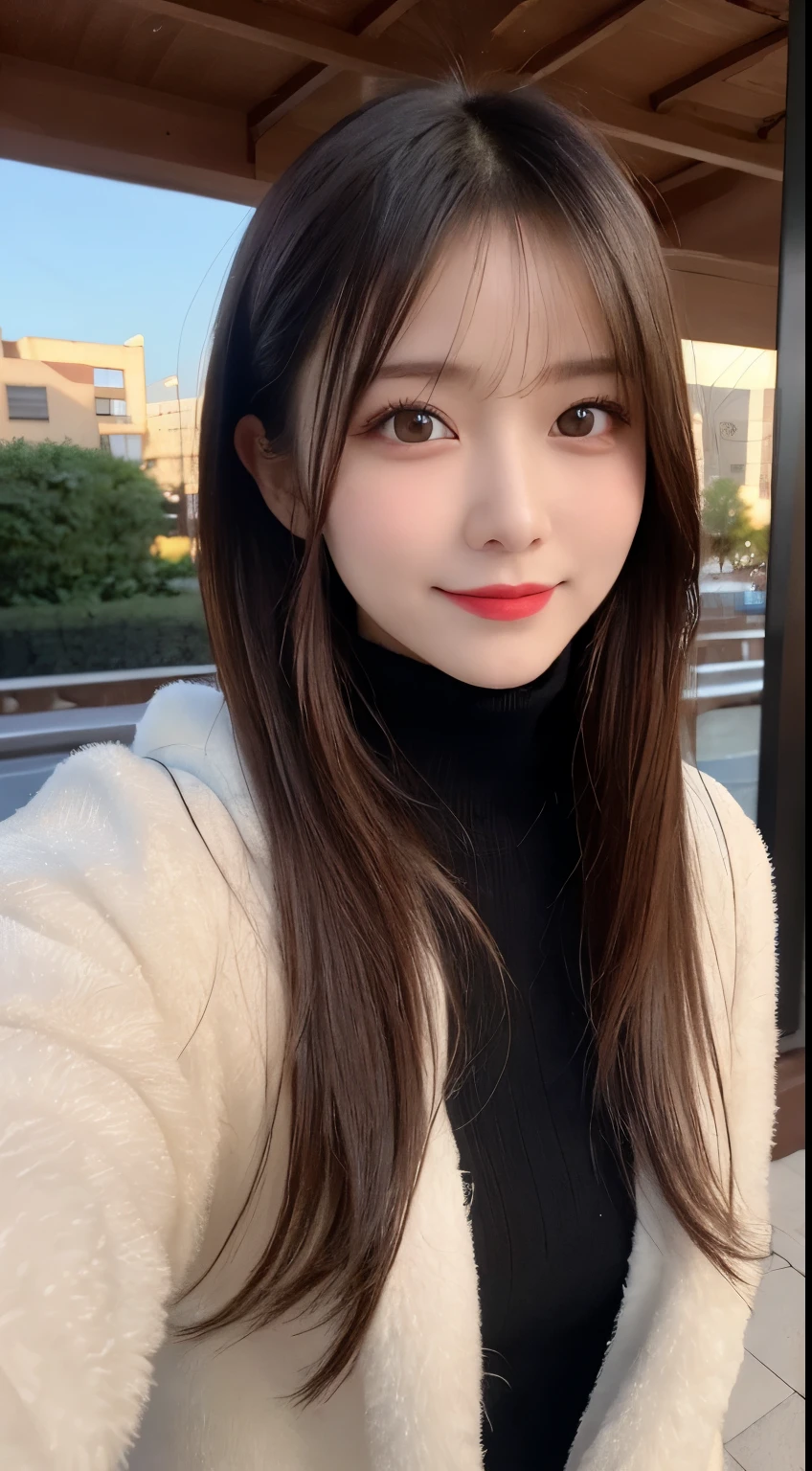 table top, highest quality, shape, Super detailed, finely, High resolution, 8k wallpaper, 完璧なダイナミックな構shape, beautiful and detailed eyes, Gorgeous black fluffy Tokyo winter clothes,ランダムなcute髪,,natural color lip, bold sexy pose,smile、20 year old girl、cute、sexy shot looking at camera,Always blur the background,perfect and beautiful face,Take only the face,Beautiful and dense face、slim face and style,Big eyes、Do gal makeup,small face,wear spring outerwear、shot from below、sunset、smile、Photographing the sky