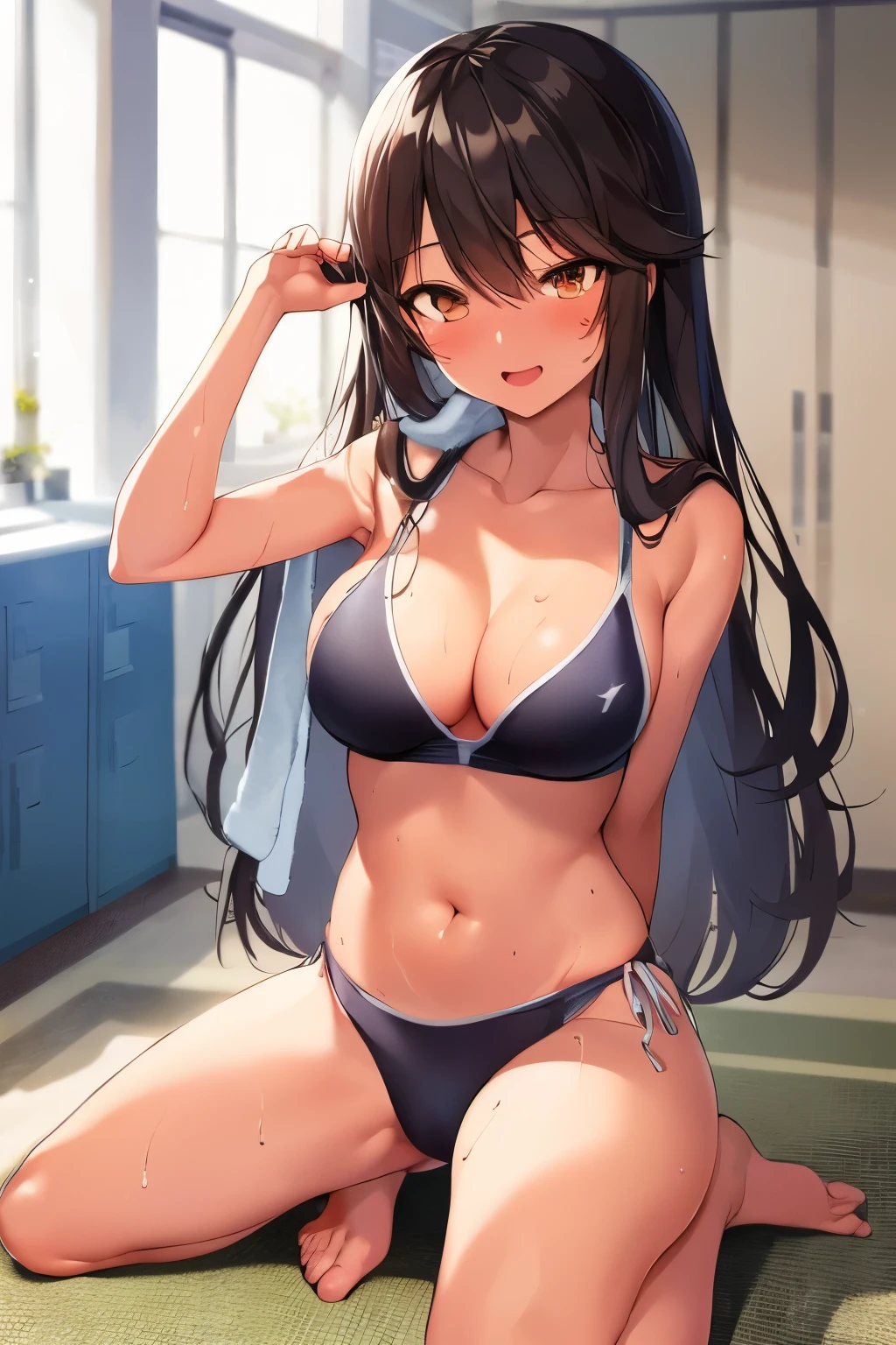 2D，highest quality，(masterpiece)，(full body)，Shameimaru text，amber hair，medium long hair，(Brown Lady)，(healthy dark skin)，(Sunburn mark)，clavicle，（New School Swimwear），JK，Shiny bare legs，barefoot，beautiful brown eyes，attractive thighs，big breasts，locker room，locker，Light coming through the window，erotic look，large drops of sweat，hair is wet，Drops are dripping from your hair，Towel in right hand，It&#39;s stuffy，bold pose