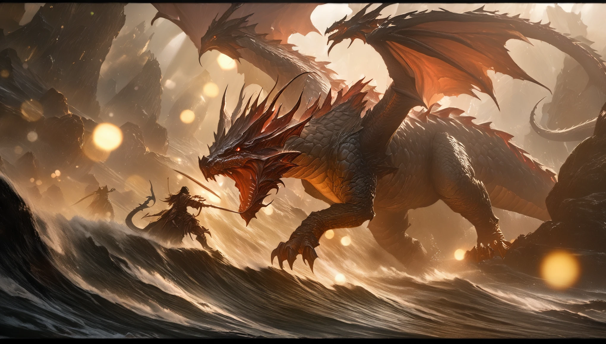 concept:Battle scene with a dragon. quality:(最高quality, 4k, High resolution, masterpiece:1.2), Super detailed, (fantasy art,oil:1.5), 高qualityのアートワーク, delicate brushstrokes. composition:Bokeh, ダイナミックなcomposition, a powerful sense of movement, dungeons&inspired by dragons, The overall dramatic atmosphere of the scene, original composition, dutch angle, moving depiction. Subject information:(((Red Dragon:1.2, Giant Monsters))), large dragon with red scales, fierce battle, speed and adrenaline, atmosphere of battle. Other details:An illustration of a scene from a legendary RPG, Combat action in the dungeon, Billowing dust and smoke, Magical effects released by a wizard, (magic scroll), dynamic angle, Angry voice, powerful wave roar, luster, smooth aerodynamic shape, Battle maneuvers that require concentration, energetic atmosphere, The perfect balance of chaos and precision, thrill, a powerful sense of movement, 背景のBokeh, 500㎜, f/4.0.