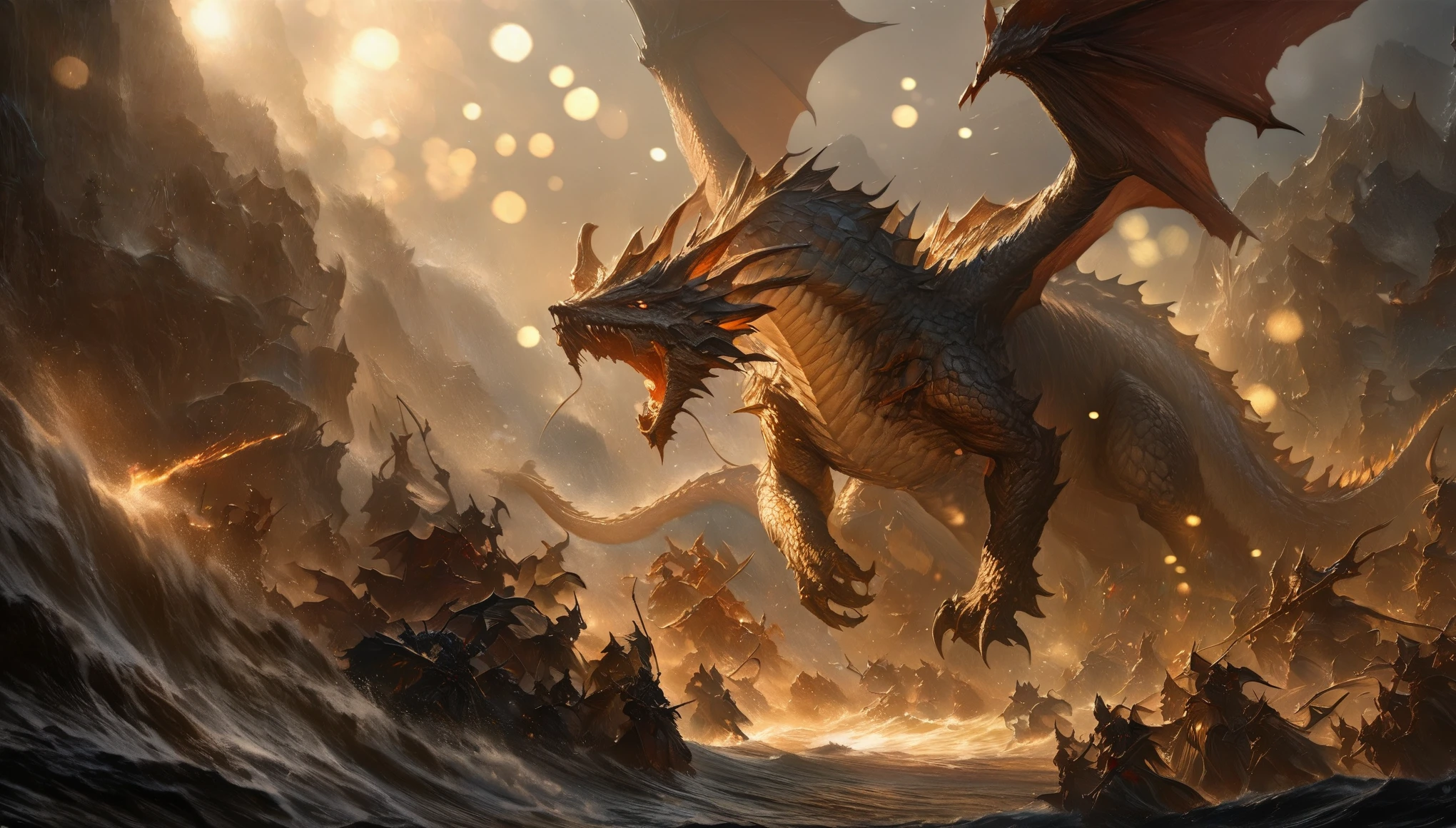 concept:Battle scene with a dragon. quality:(最高quality, 4k, High resolution, masterpiece:1.2), Super detailed, (fantasy art,oil:1.5), 高qualityのアートワーク, delicate brushstrokes. composition:Bokeh, ダイナミックなcomposition, a powerful sense of movement, dungeons&inspired by dragons, The overall dramatic atmosphere of the scene, original composition, dutch angle, moving depiction. Subject information:(((Red Dragon:1.2, Giant Monsters))), large dragon with red scales, fierce battle, speed and adrenaline, atmosphere of battle. Other details:An illustration of a scene from a legendary RPG, Combat action in the dungeon, Billowing dust and smoke, Magical effects released by a wizard, (magic scroll), dynamic angle, Angry voice, powerful wave roar, luster, smooth aerodynamic shape, Battle maneuvers that require concentration, energetic atmosphere, The perfect balance of chaos and precision, thrill, a powerful sense of movement, 背景のBokeh, 500㎜, f/4.0.