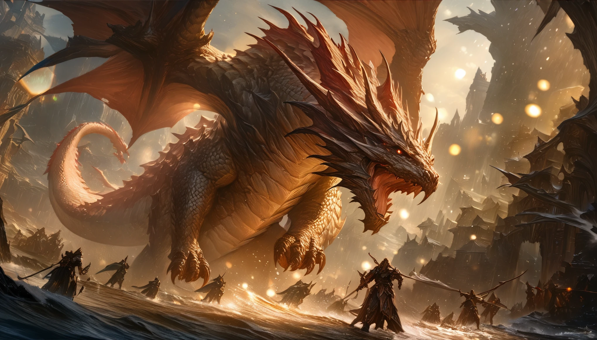 concept:Battle scene with a dragon. quality:(最高quality, 4k, High resolution, masterpiece:1.2), Super detailed, (fantasy art,oil:1.5), 高qualityのアートワーク, delicate brushstrokes. composition:Bokeh, ダイナミックなcomposition, a powerful sense of movement, dungeons&inspired by dragons, The overall dramatic atmosphere of the scene, original composition, dutch angle, moving depiction. Subject information:(((Red Dragon:1.2, Giant Monsters))), large dragon with red scales, fierce battle, speed and adrenaline, atmosphere of battle. Other details:An illustration of a scene from a legendary RPG, Combat action in the dungeon, Billowing dust and smoke, Magical effects released by a wizard, (magic scroll), dynamic angle, Angry voice, powerful wave roar, luster, smooth aerodynamic shape, Battle maneuvers that require concentration, energetic atmosphere, The perfect balance of chaos and precision, thrill, a powerful sense of movement, 背景のBokeh, 500㎜, f/4.0.