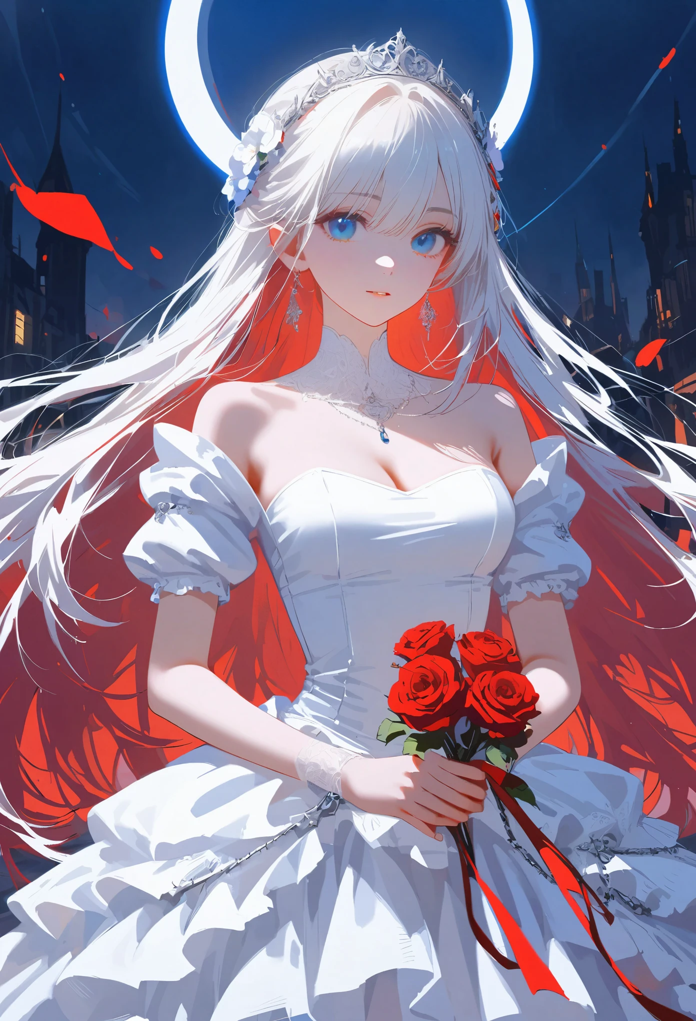 pure white hair，long hair，girl，sky blue eyes，（blood red moon：10），wearing white clothes，Wedding dress，bride，There are thorns on clothes，（Wearing red roses：5），（holding knife in hand:5），Front view