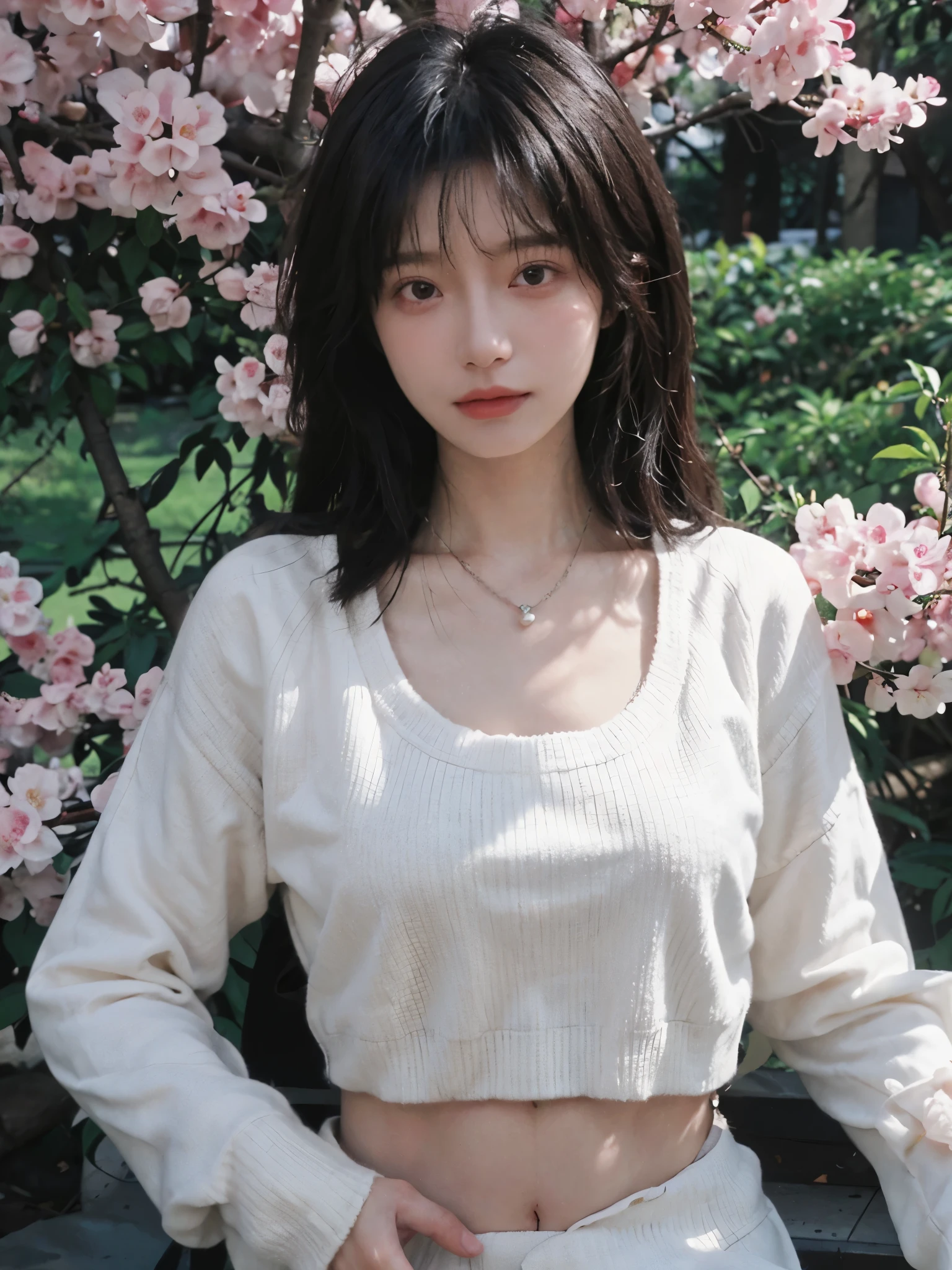 best quality, ultra high resolution, (realistically:1.4),Baoyu Girl,1 girl, long, straight hair,Looking into the distance,Under the cherry blossom tree,red short sweater,a sense of atmosphere,Beautiful woman with slim figure:1.4, abdominal muscles:1.1,,Super thin face,exquisite eyes,double eyelids,necklace