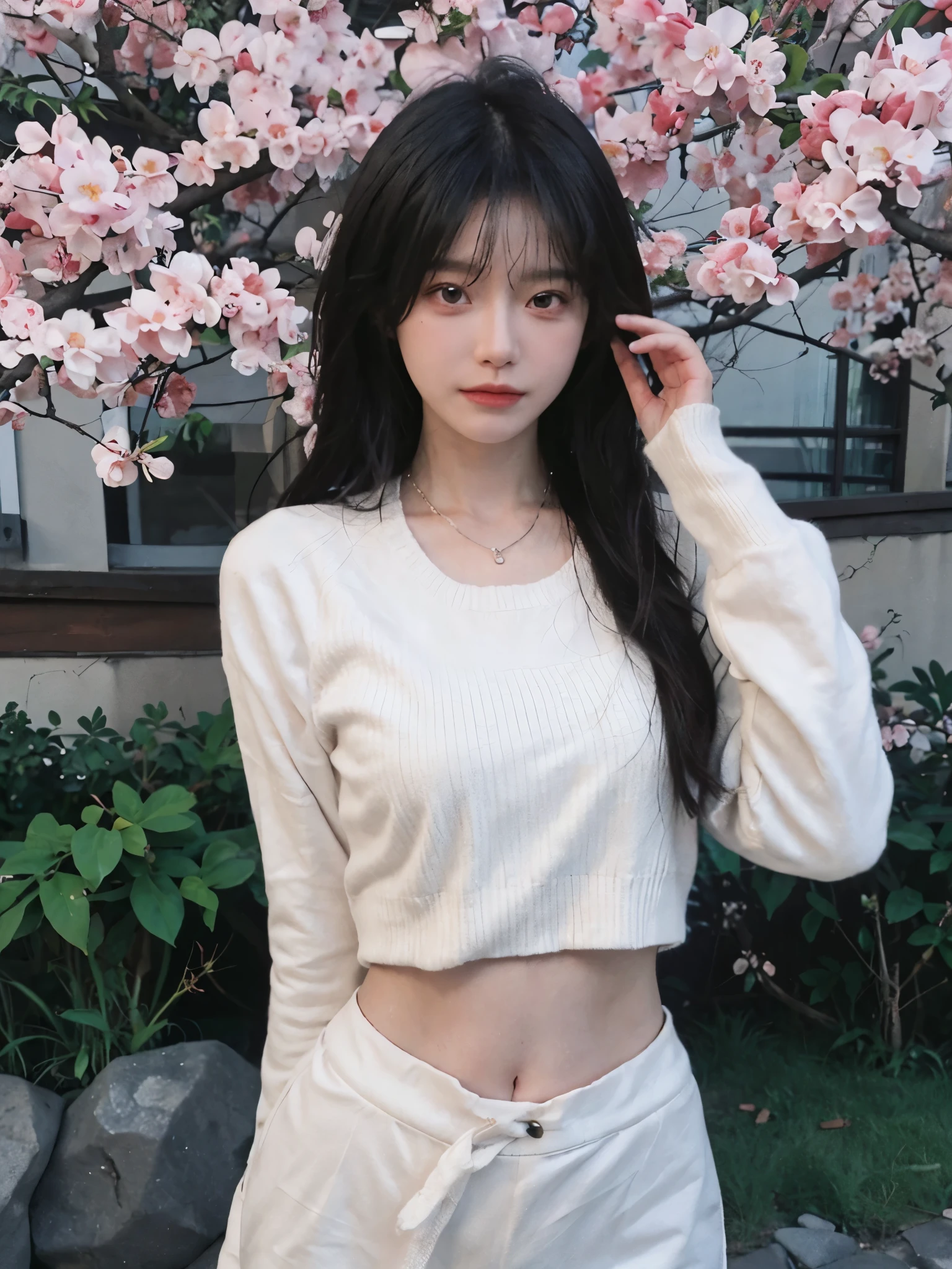 best quality， ultra high resolution， （realistically：1.4），Baoyu Girl，1 girl, long, straight hair，Looking into the distance，Under the cherry blossom tree，red short sweater，a sense of atmosphere，Beautiful woman with slim figure:1.4, abdominal muscles:1.1,,Super thin face，exquisite eyes，double eyelids，necklace