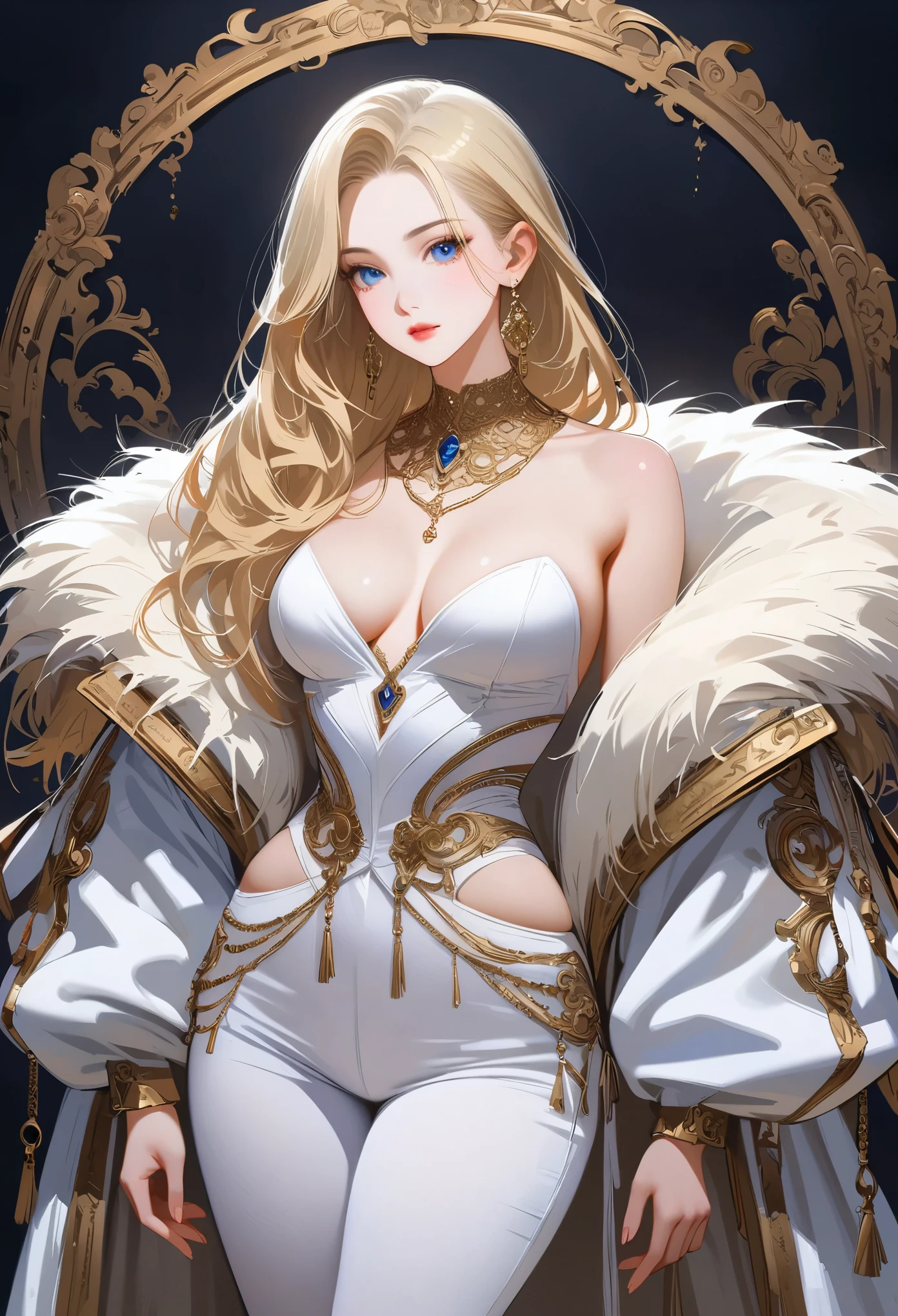 ((masterpiece,best quality,8K,high resolution)),((character concept art)), 1 female, noble, Old money atmosphere, supermodel, fashion model, 35 years old, (long blonde hair), blonde hair, (fair complexion), Ultra-fine eyes (blue eye color), extraordinary gorgeous, grace, charming, clever, calm, Perfect body ((Slim and curvaceous)), ((intricate details)), Super delicate hand details, super fine fingers(((Ten fingers))), Wearing a white blazer、White shirt and white pants (stand still), (full body display), ((Show the whole body)), (No logos on background), (No logo), ((solid color background)), ((solid color background)), (((empty background)))
