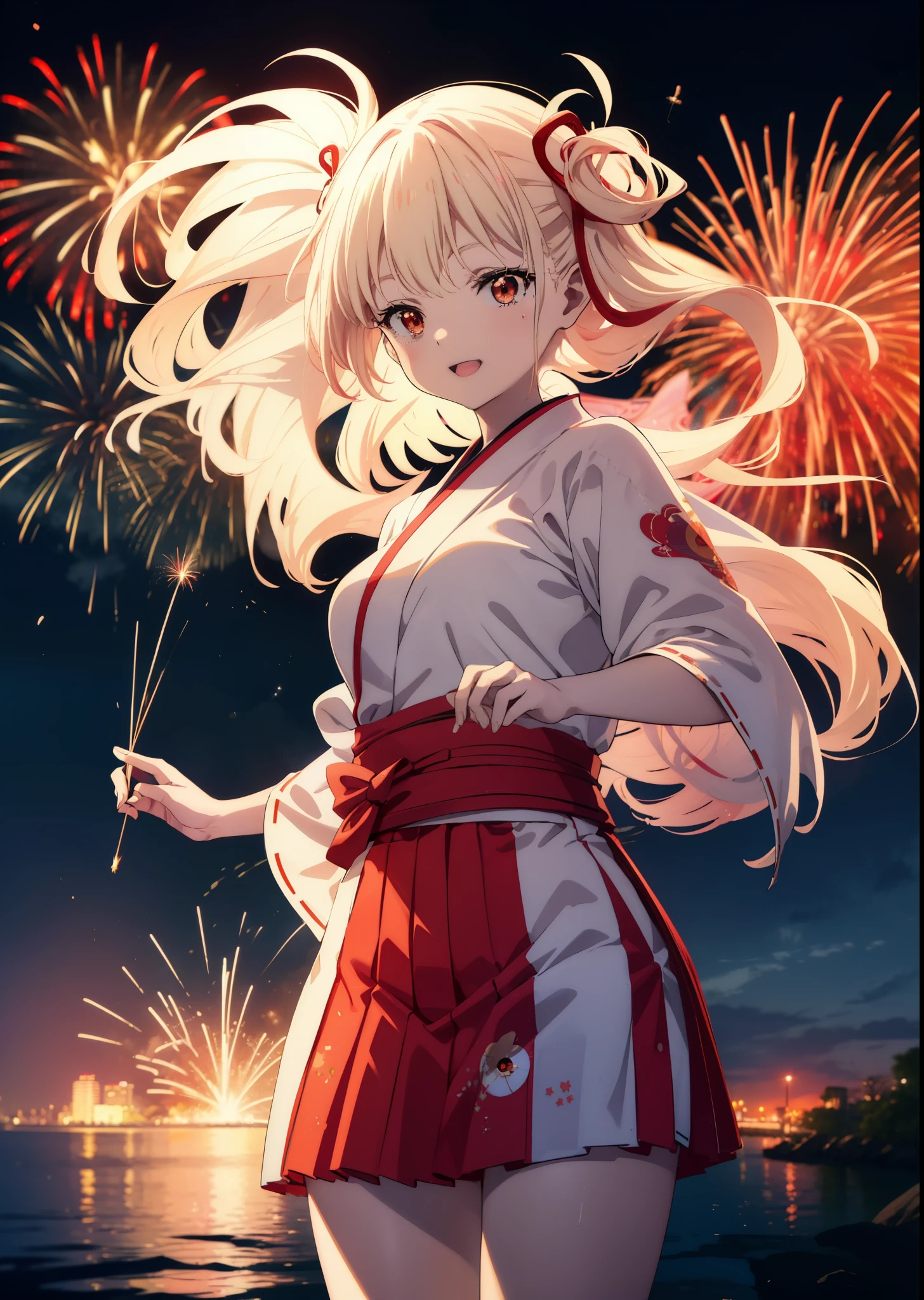 chisatonishikigi, Chisato Nishikigi, long hair, bangs, blonde hair, (red eyes:1.5), happy smile, smile, open your mouth,hair tied back,light red yukata,mini skirt,Zori sandals,fireworks in the night sky,fireworks,The place is a fireworks display,Time is night、sunny day,turn around,So that the whole body goes into the illustration,
break outdoors, shrine,祭り
break looking at viewer, (cowboy shot:1.5),
break (masterpiece:1.2), highest quality, High resolution, unity 8k wallpaper, (figure:0.8), (detailed and beautiful eyes:1.6), highly detailed face, perfect lighting, Very detailed CG, (perfect hands, perfect anatomy),