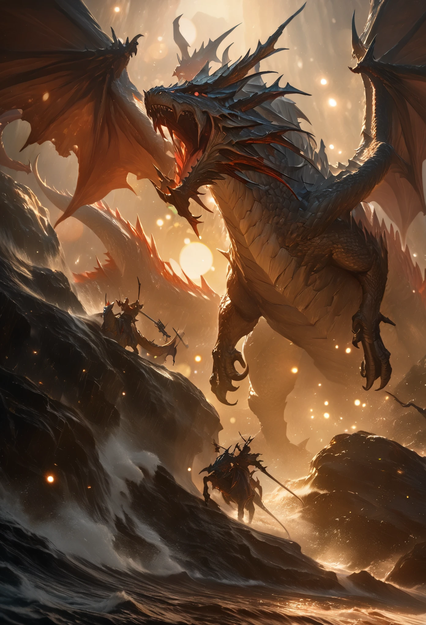 concept:Battle scene with a dragon. quality:(最高quality, 4k, High resolution, masterpiece:1.2), Super detailed, (fantasy art,oil:1.5), 高qualityのアートワーク, delicate brushstrokes. composition:Bokeh, ダイナミックなcomposition, a powerful sense of movement, dungeons&inspired by dragons, The overall dramatic atmosphere of the scene, original composition, dutch angle, moving depiction. Subject information:(((Red Dragon:1.2, Giant Monsters))), large dragon with red scales, fierce battle, speed and adrenaline, atmosphere of battle. Other details:An illustration of a scene from a legendary RPG, Combat action in the dungeon, Billowing dust and smoke, Magical effects released by a wizard, (magic scroll), dynamic angle, Angry voice, powerful wave roar, luster, smooth aerodynamic shape, Battle maneuvers that require concentration, energetic atmosphere, The perfect balance of chaos and precision, thrill, a powerful sense of movement, 背景のBokeh, 500㎜, f/4.0.