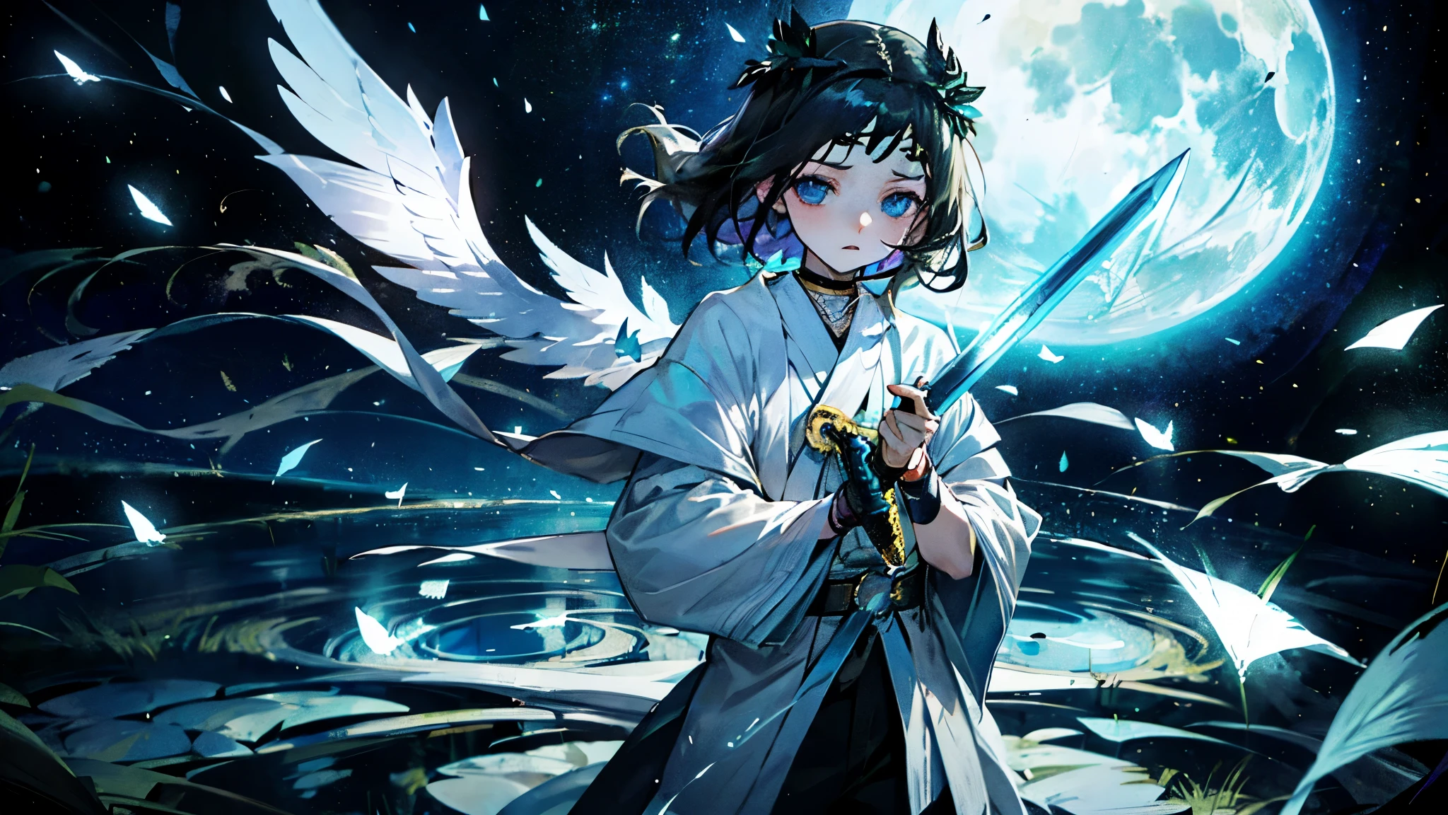Under the illuminating Moon, Young Boy as a Swordsman with a eye of half Archangel and eye of half Demon