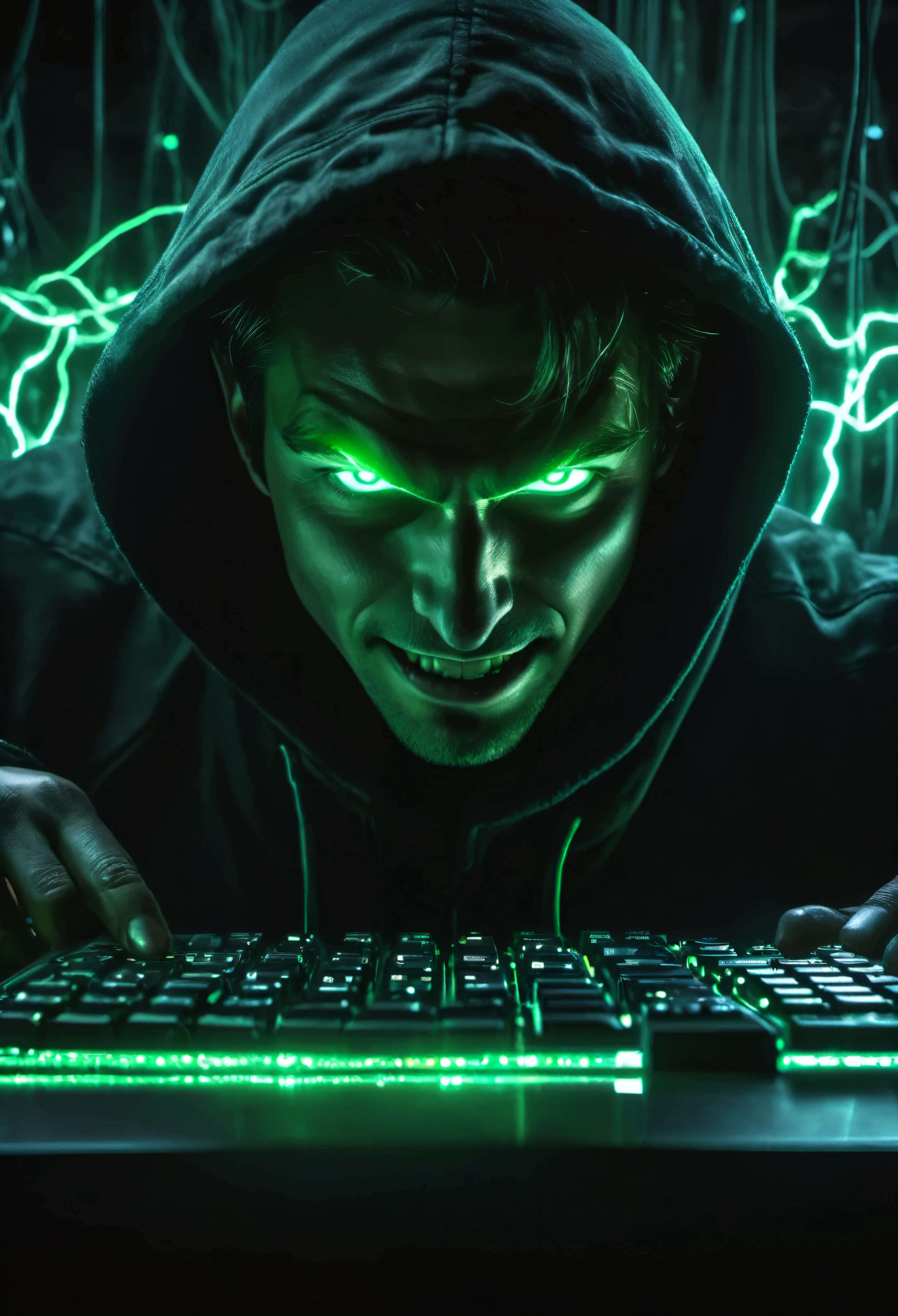 anime man with a dark and brooding demeanor, with glowing green eyes and a malicious grin, hacking into a powerful computer system with visible electric currents flowing through his body, while ominous shadows surround him, (sinister:1.2), (dark and moody lighting), (ominous atmosphere), (contrast between light and darkness)