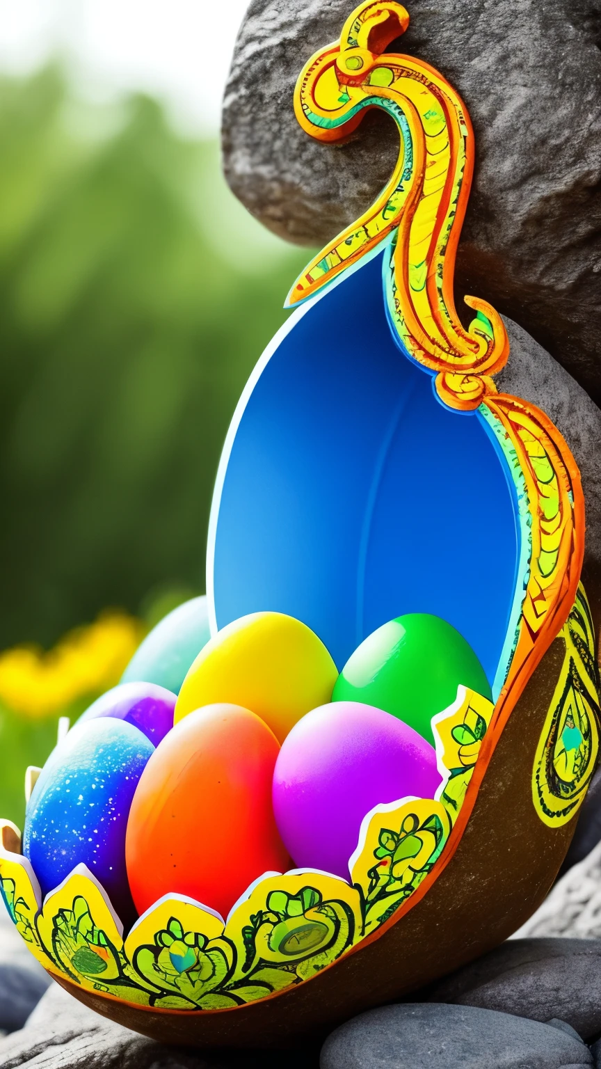 brightly colored painted easter egg sitting on a rock in a garden, digital art by Sasha Putrya, pixabay, folk art, ornate egg, highly intricate, with colourful intricate, intricate and decorated, super intricate, easter, beautifully painted, extremely intricate, ultra intricate, ornamented, artist unknown, handmade, an egg, fine intricate, smooth intricate, perfect intricate